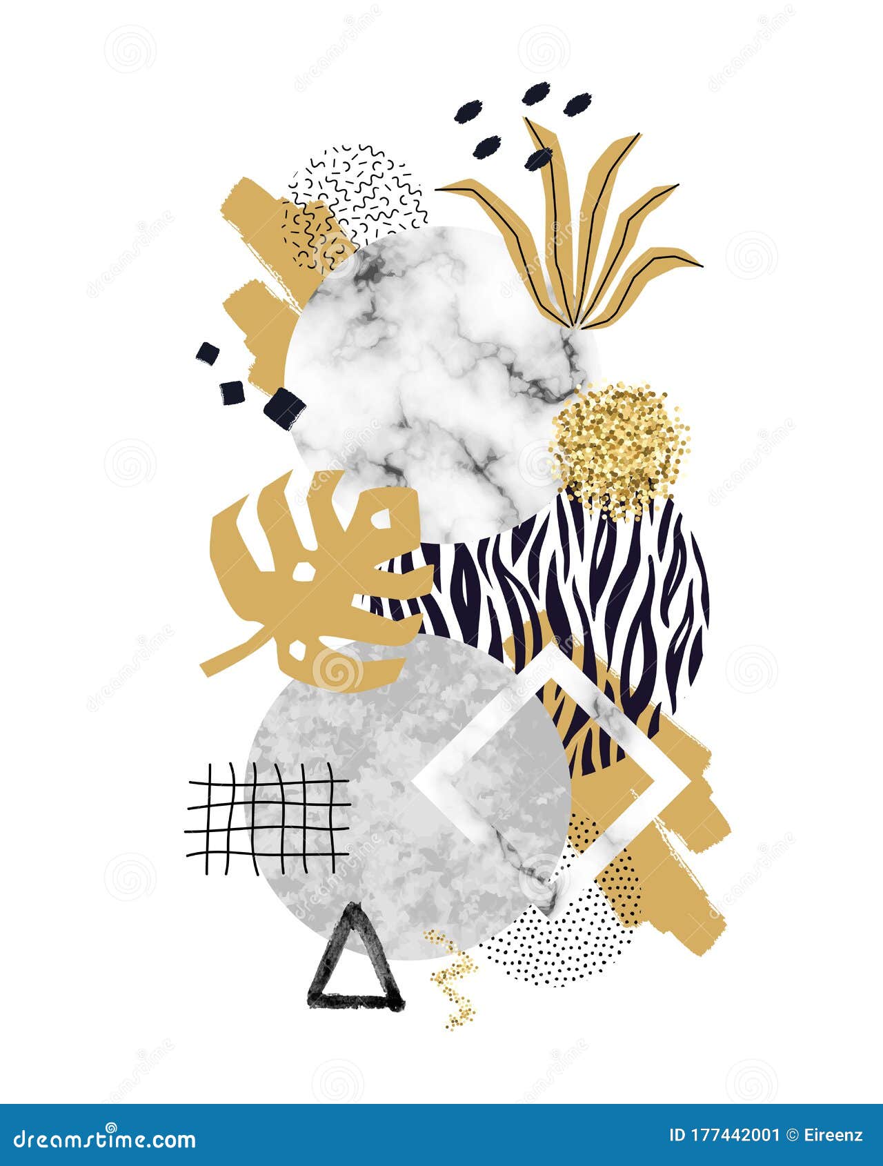  trendy geometric background with marble stones, doodle textures, monstera leaf, animal zebra print. geometrical s