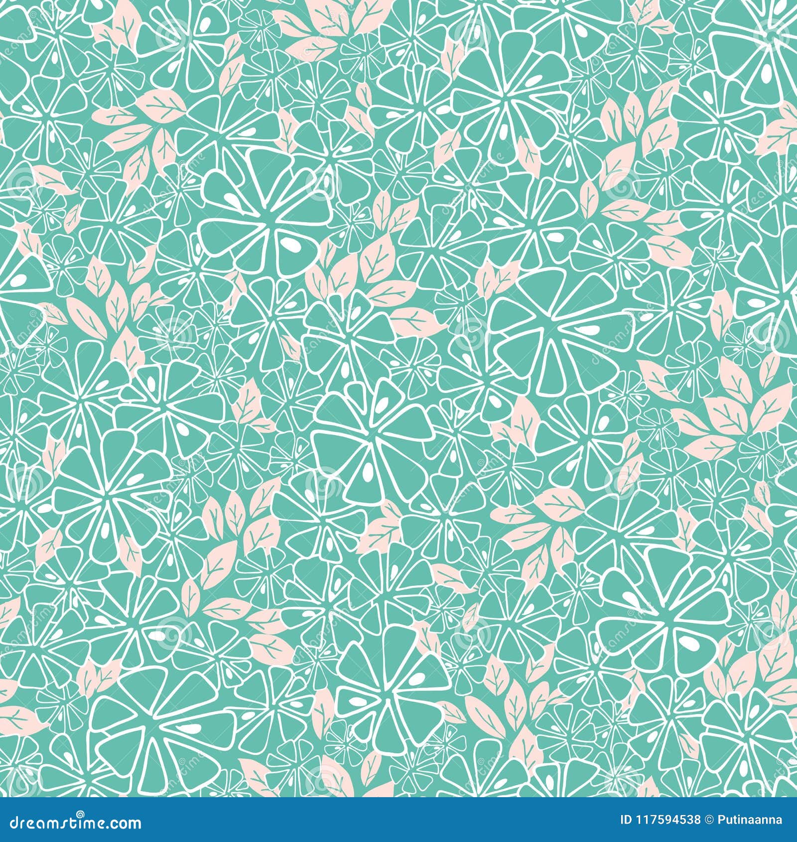  turqouise and white flowers and pink foliage seamless pattern background