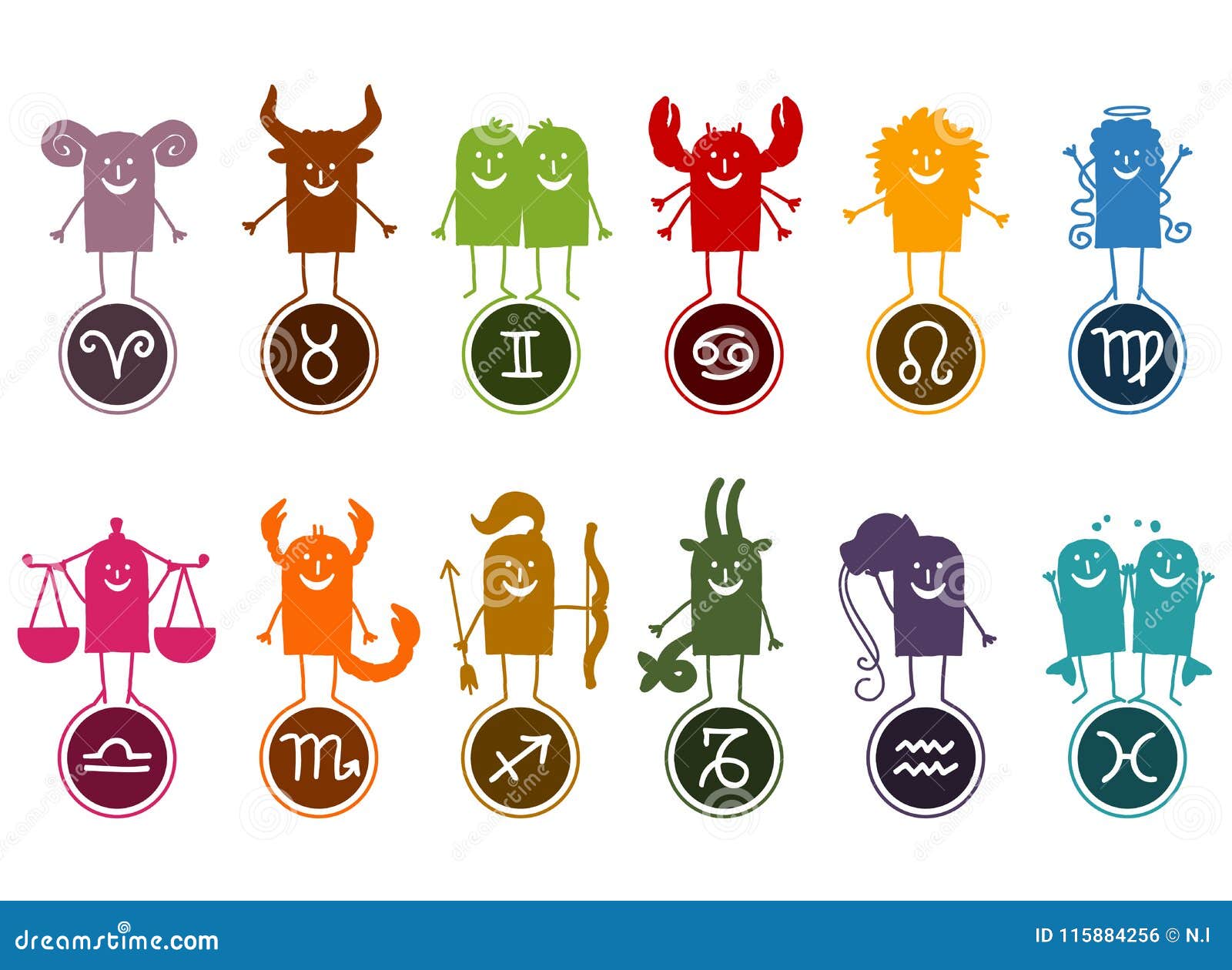 Twelve Zodiac Signs Flat Cartoon Vector Illustrations Set Celestial ...