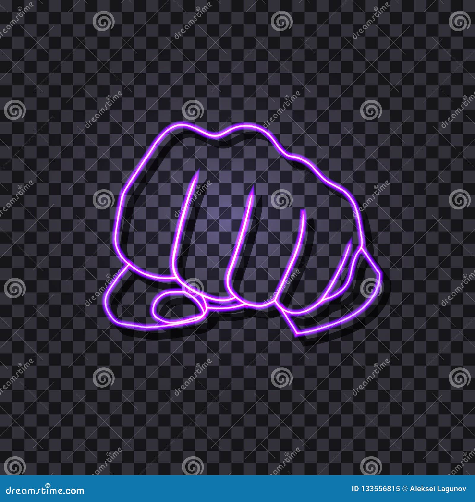  ultraviolet color neon fist, human hand gesturing, sign  on dark background.