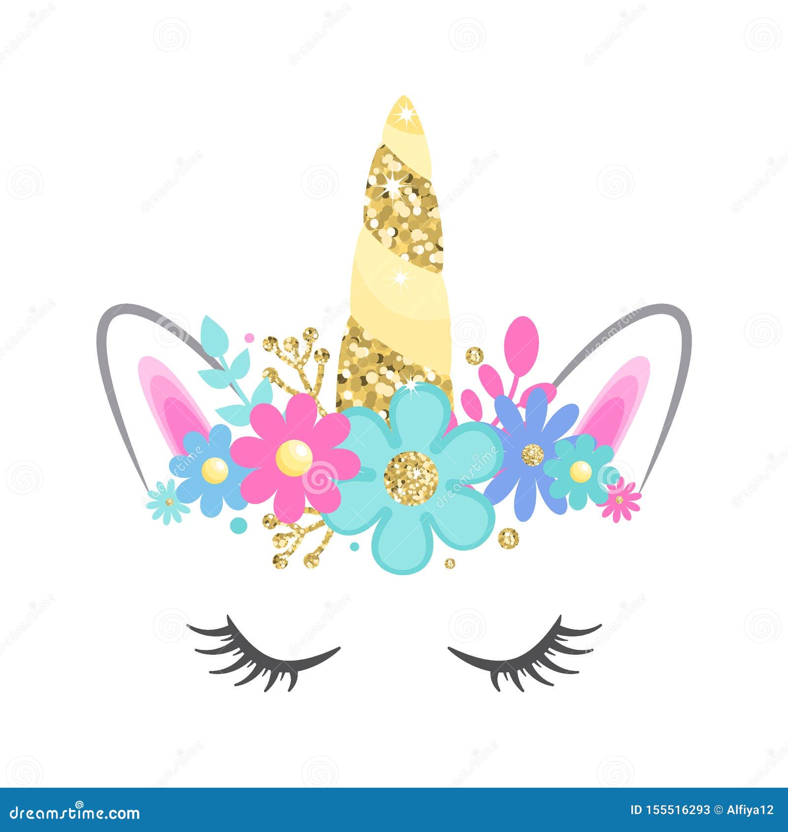  unicorn face with closed eyes and flowers. gold glitter horn