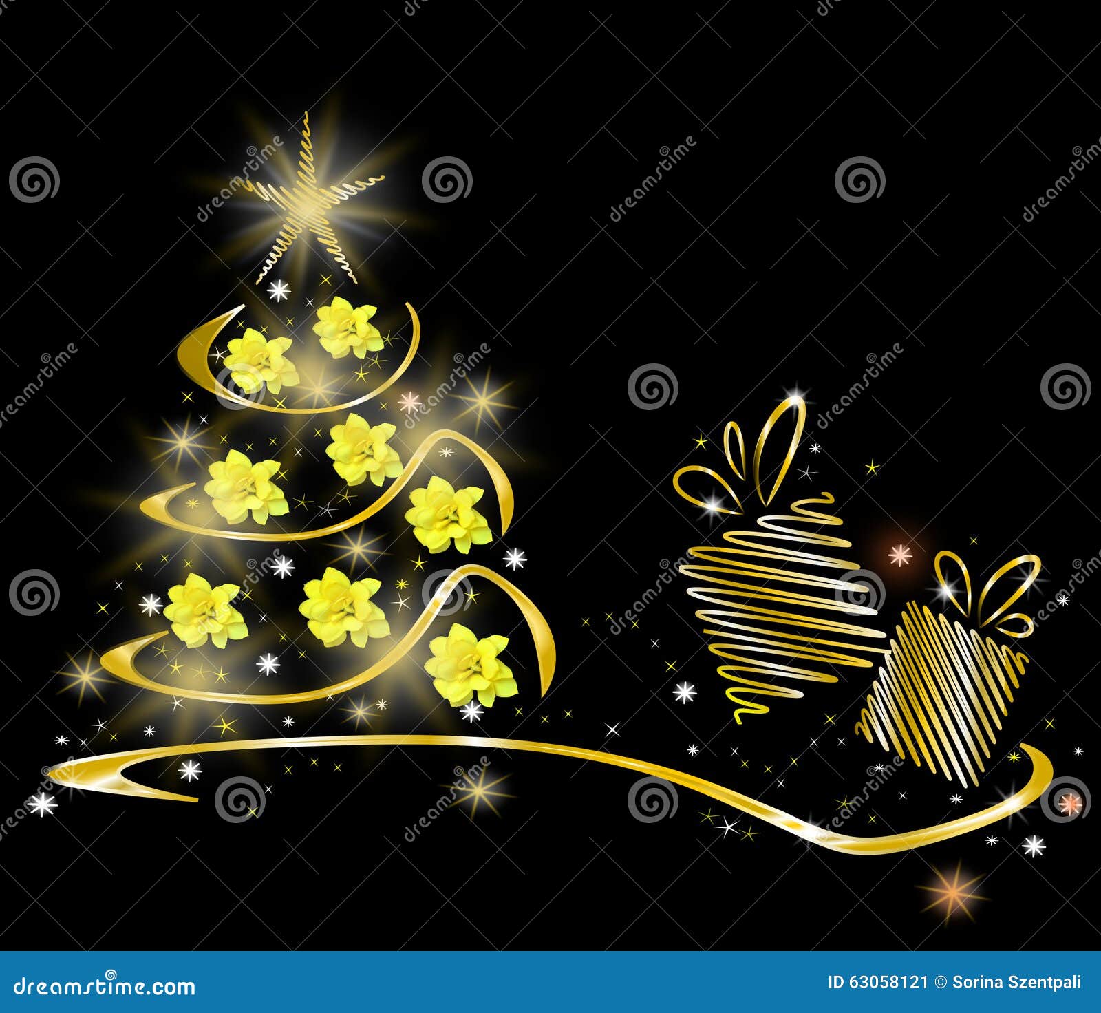 Vector versie in mijn portefeuille. Groene Kerstboom met gloeiende sterren, gele bloemen en huidige doos op zwarte achtergrond