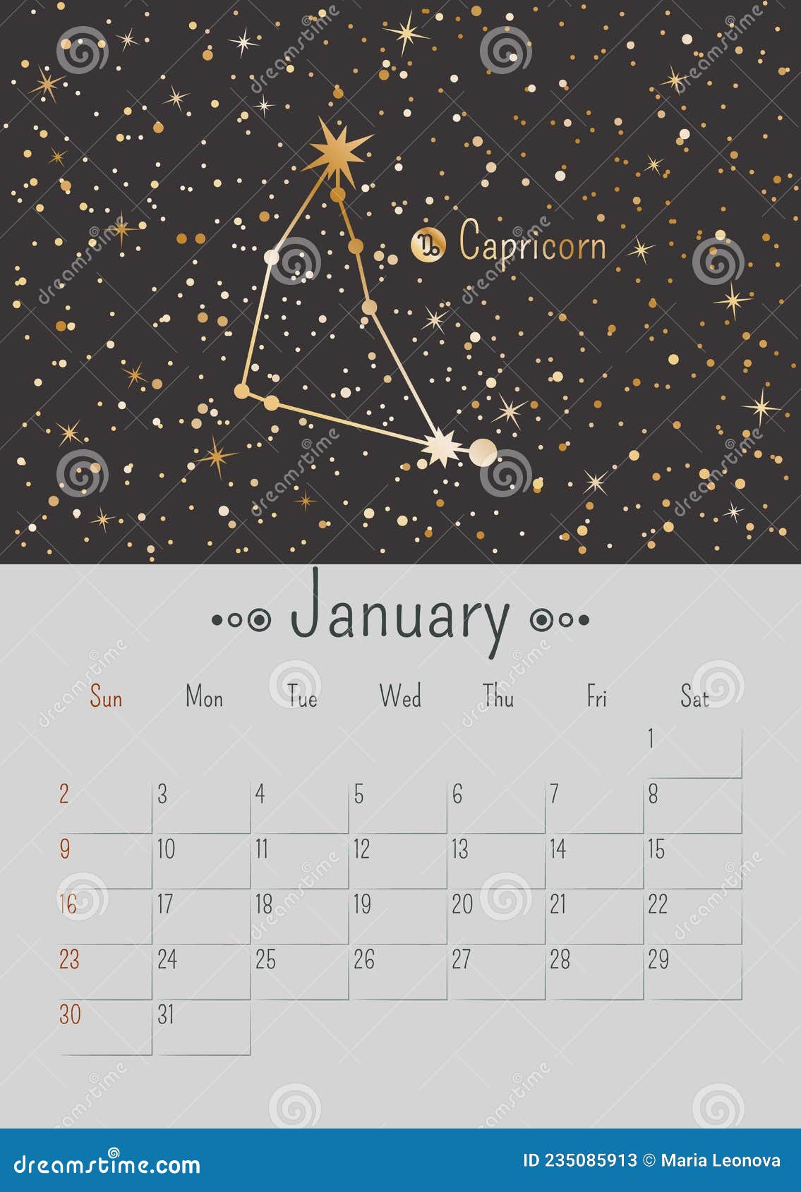 Vector Verticaal Januari 2022 Kalender a Met Golden Zodiac Constellatie ...