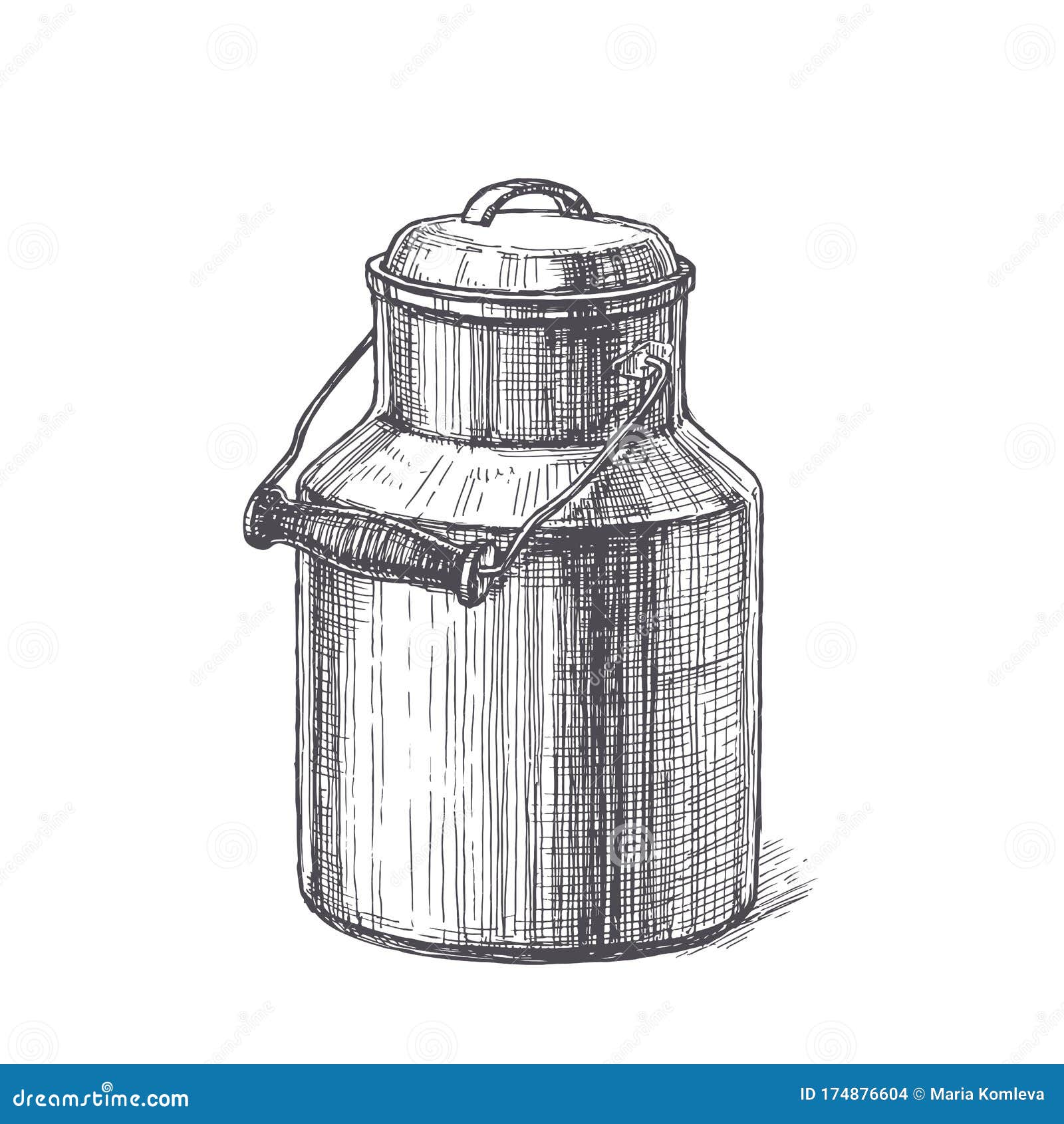  vintage  with milk can in engraving style. hand drawn sketch with natural farm product in metallic canister