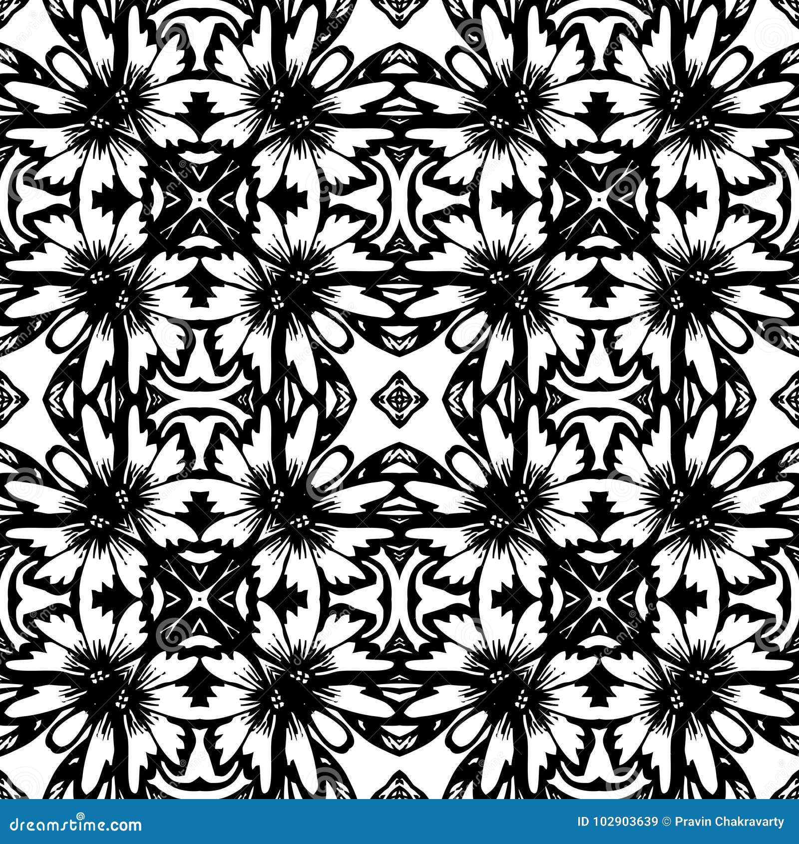  vintage seamless black and white floral pattern.