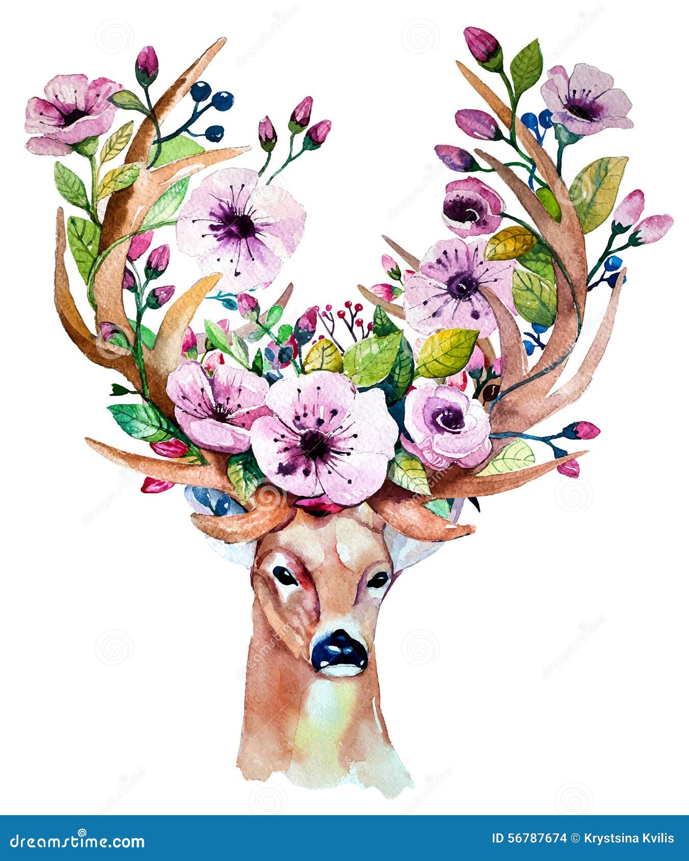 Vector Watercolor Hand Drawn Floral Set With Deer Stock 