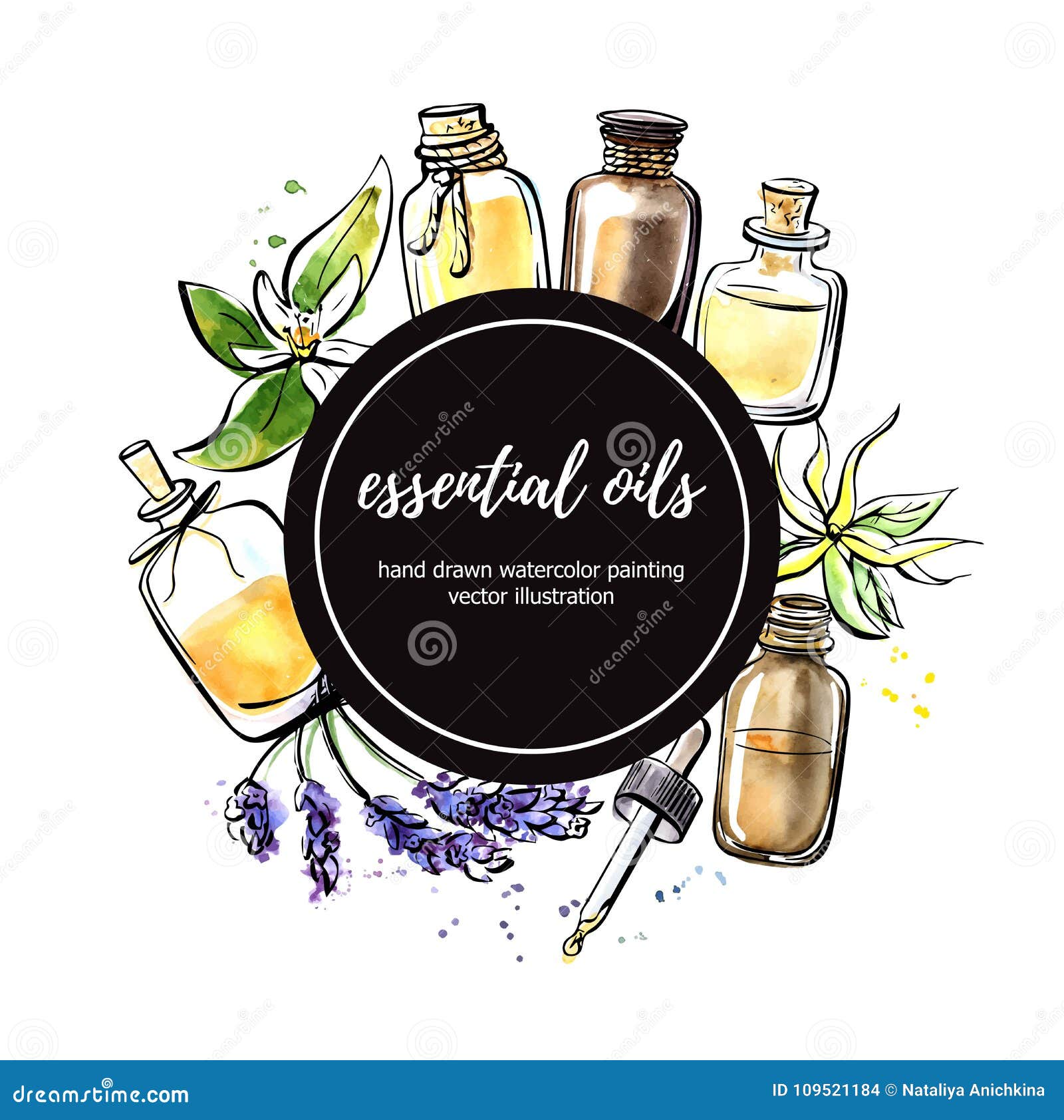 Vector Watercolor Illustration with Essential Oil Bottles and Black ...