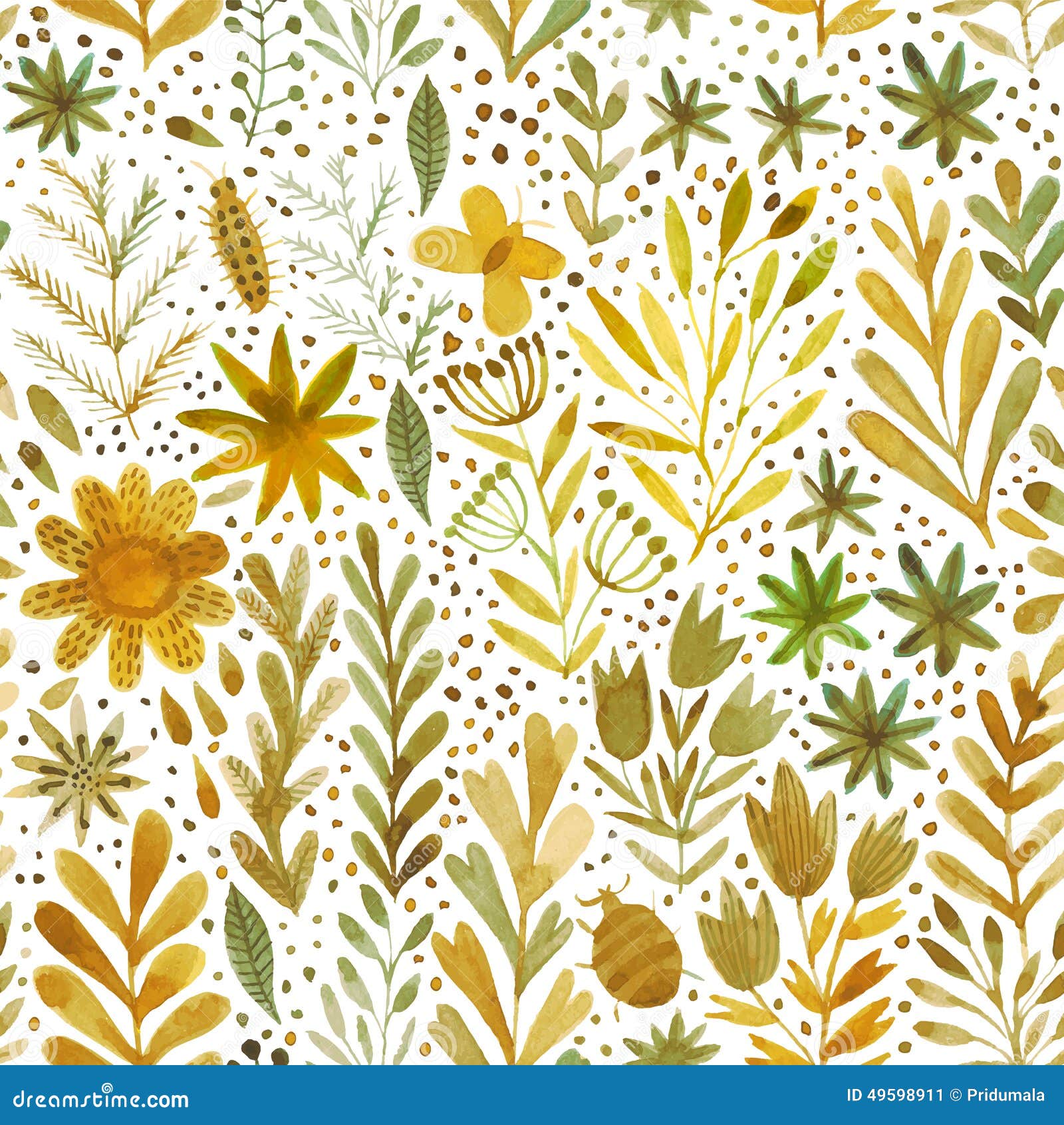 Vector Watercolor Pattern, Floral Texture With Hand Drawn 
