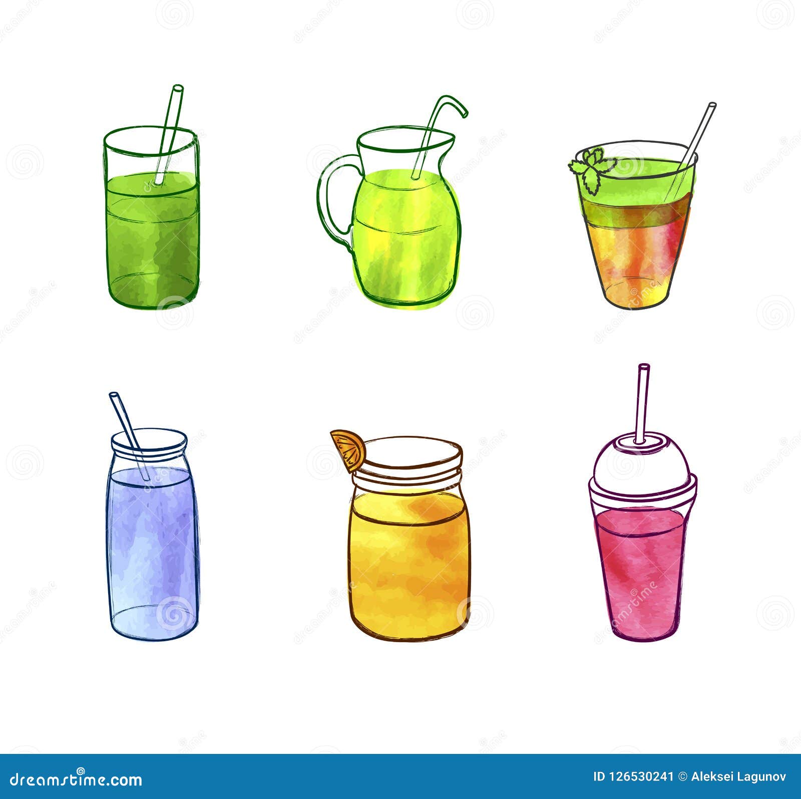 Vector Watercolor Smoothies Drawings, Isolated on White Drawn Doodles