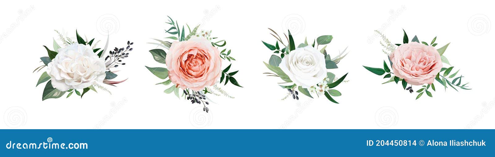 , watercolor style floral bouquet. blush peach, dusty pink, ivory white rose flowers, eucalyptus greenery, berries, tender