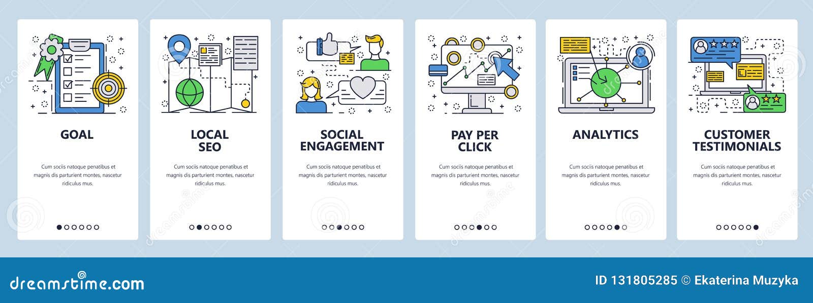 web site linear art onboarding screens template. digital marketing, seo, ppc and social analytics. customer