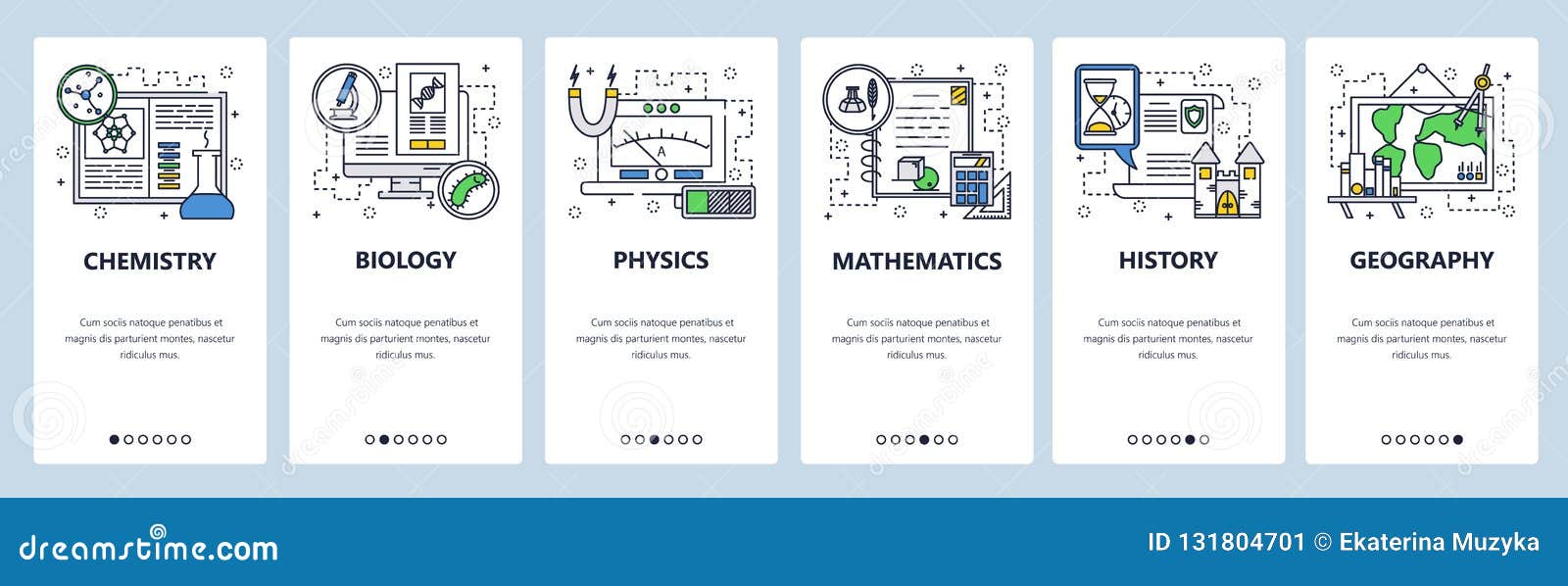  web site linear art onboarding screens template. school education subjects, chemistry, math, physics, biology