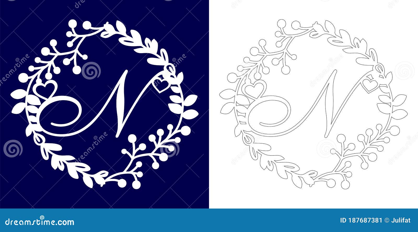 Vector Wedding Initial Monogram for Laser Cutting. Letter N of the Decorative Monogram in a