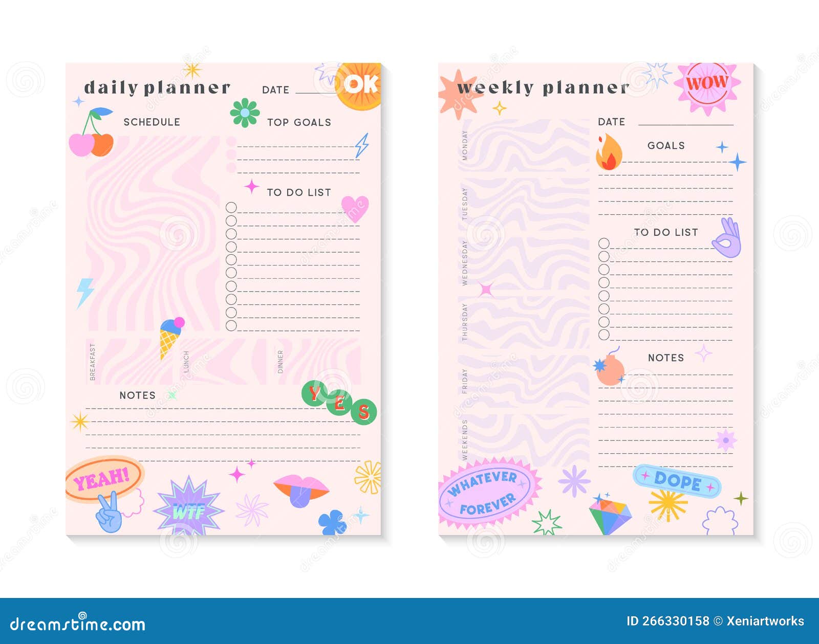  weekly and daily planners templates with y2k patches,icons and emblems