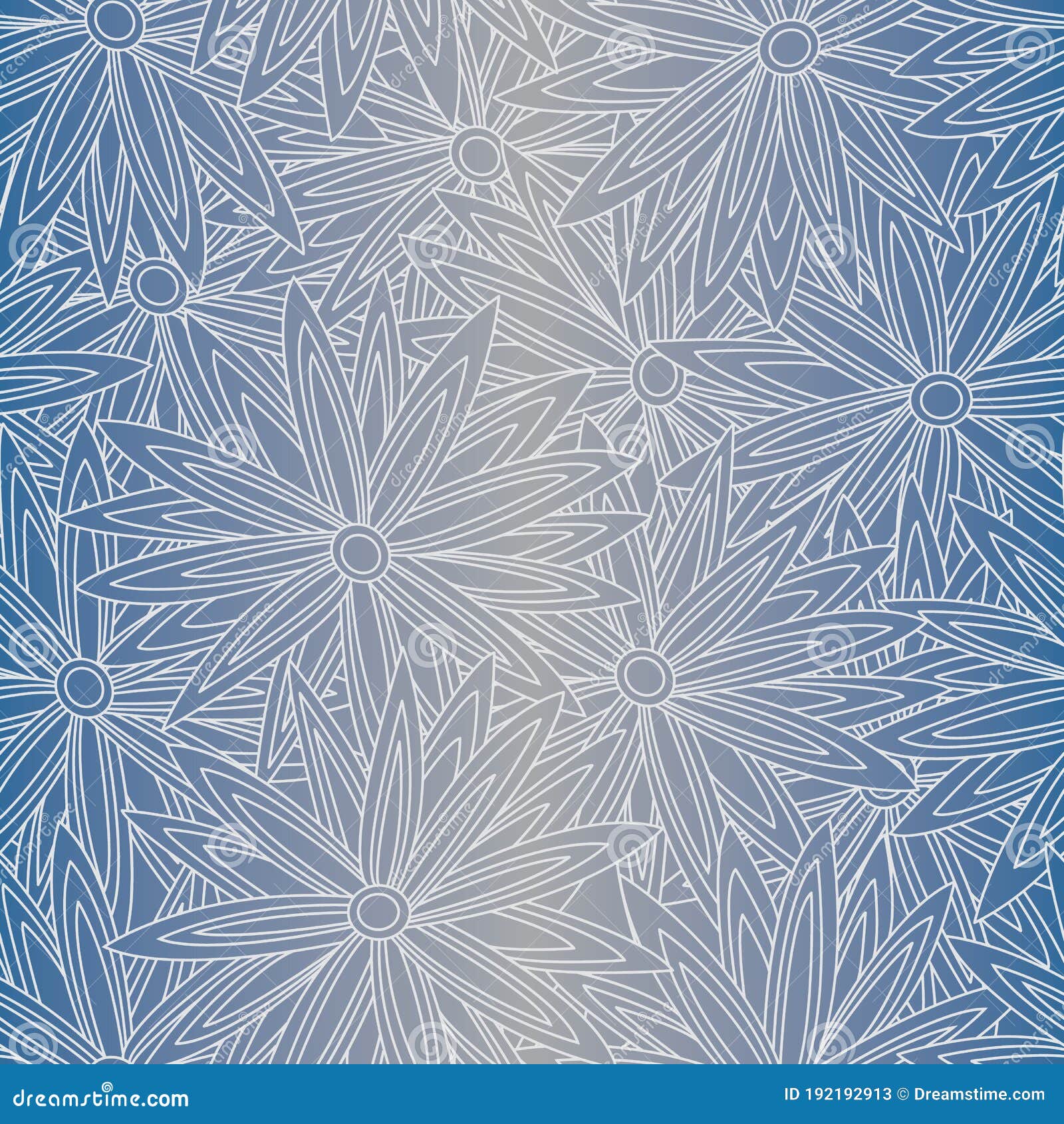 Vector White Flower Outlines on Blue Grey Ombre Background Seamless