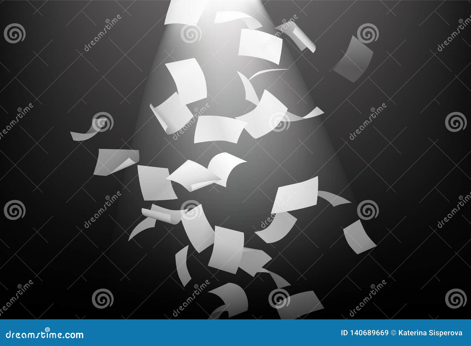 Vector White Papers Falling in the Ray of Spotlight on Dark Background