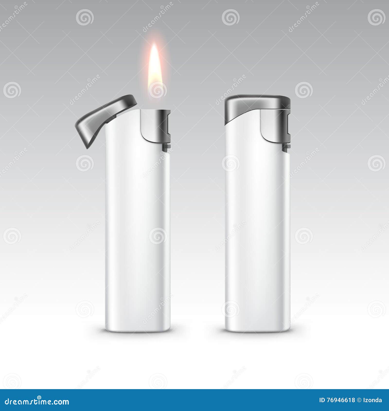 Vector White Plastic Metal Lighters with Flame on Background Stock