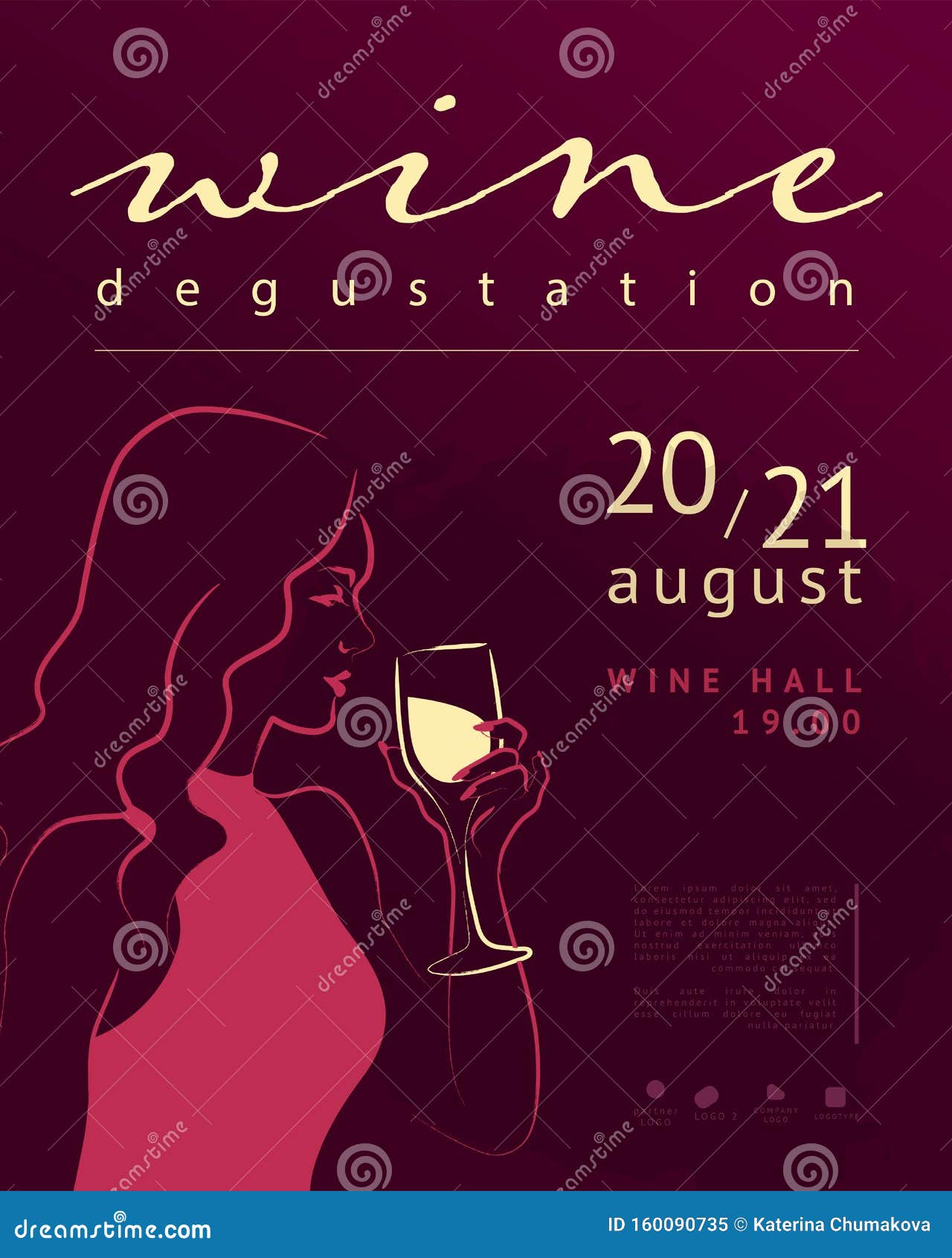  wine degustation poster template with hand drawn portrait of young beautiful lady in pink dress hold wine glass on dark bac
