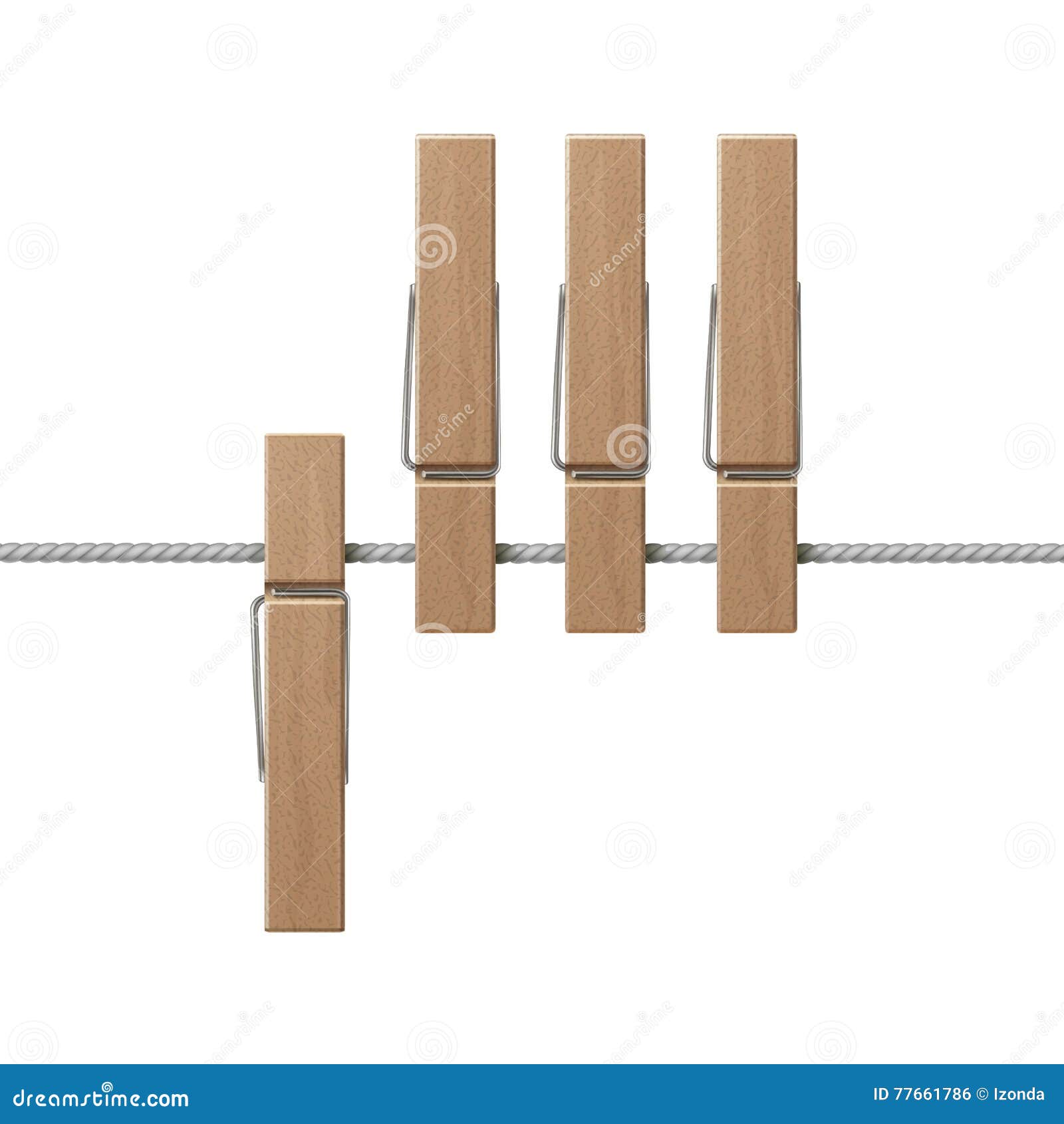 Vector Wooden Clothespins Pegs On Rope Side View White Background Stock