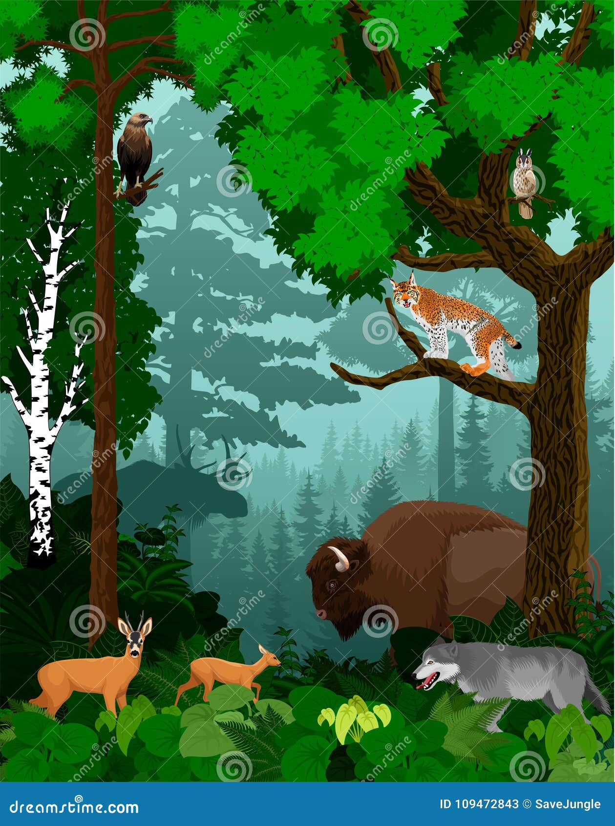  woodland green forest trees backlit with bison, wolf, lynx, owl, moose and deers