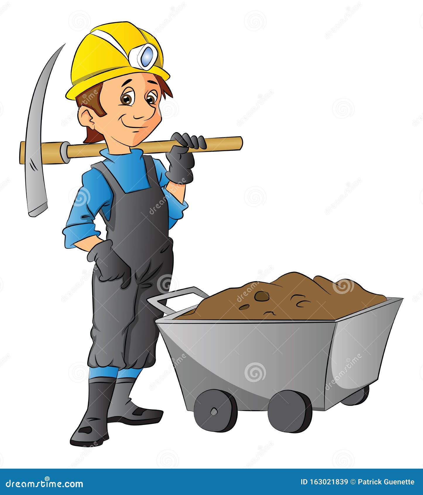 Vector of Worker Holding Pickaxe Next To Wheelbarrow Full of Mud Stock ...