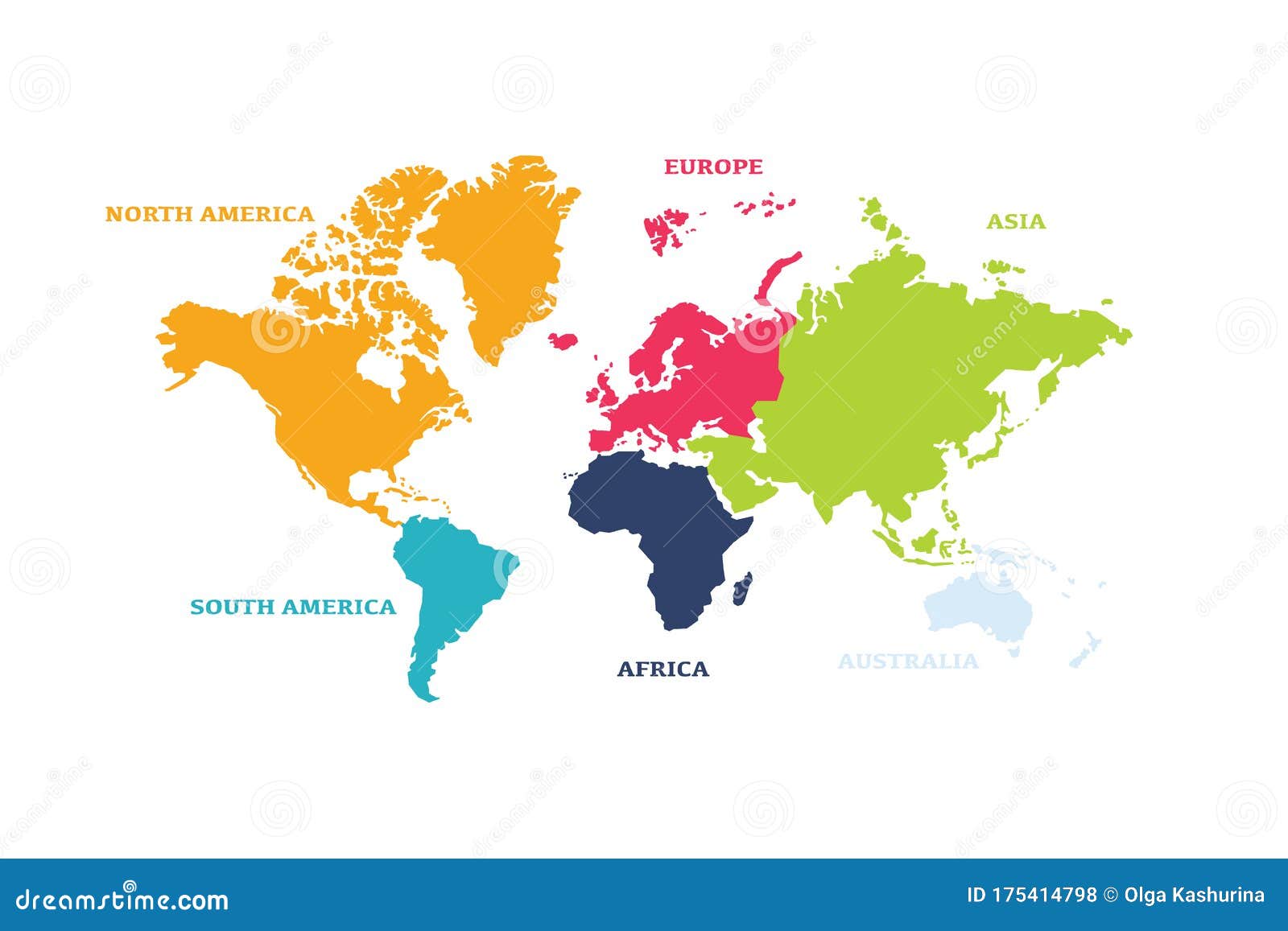 Vector World Map With Continent In Different Color Flat Design Stock