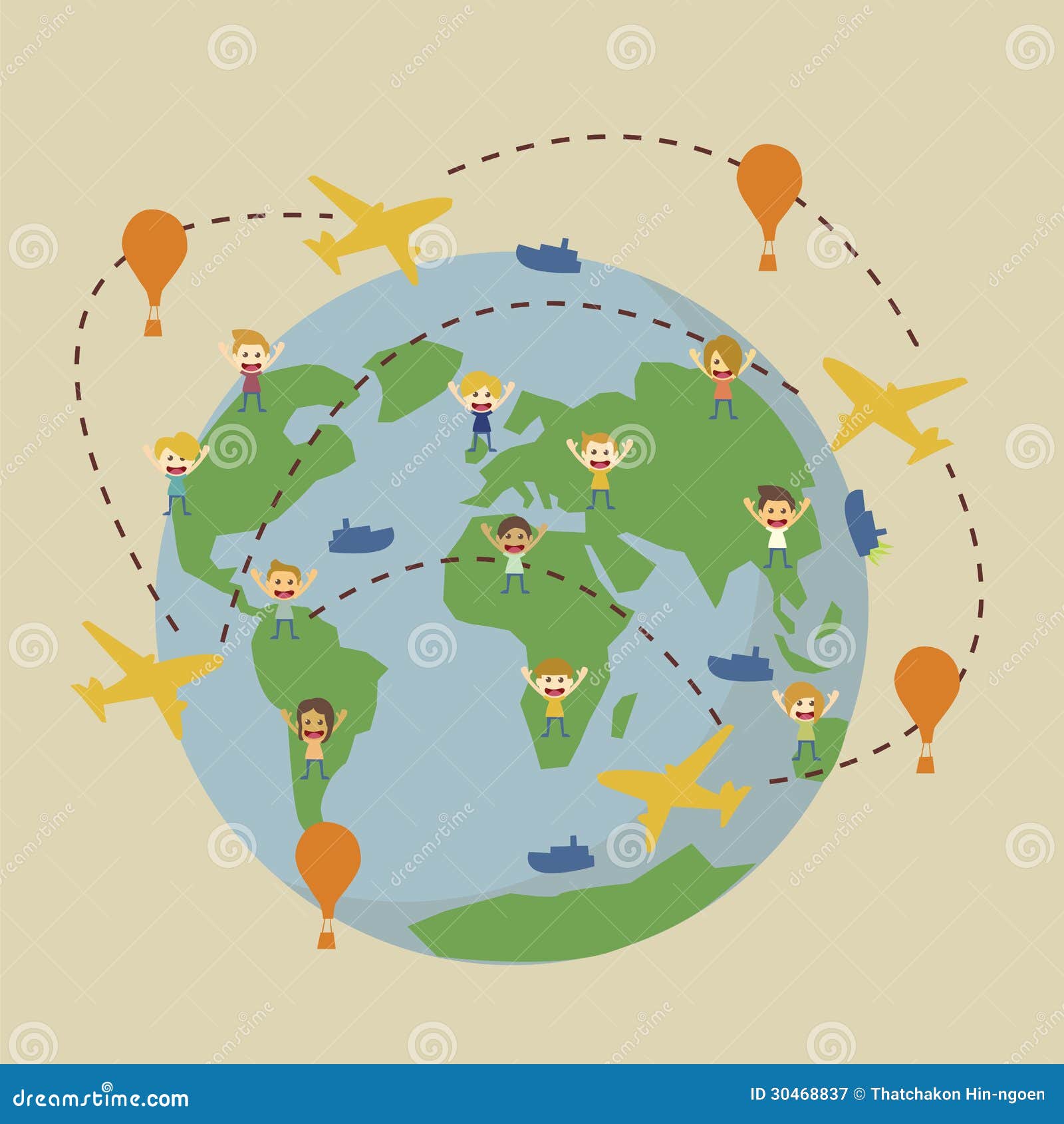 Vector World Travel Map Airplanes Globe Boat Balloon 30468837 