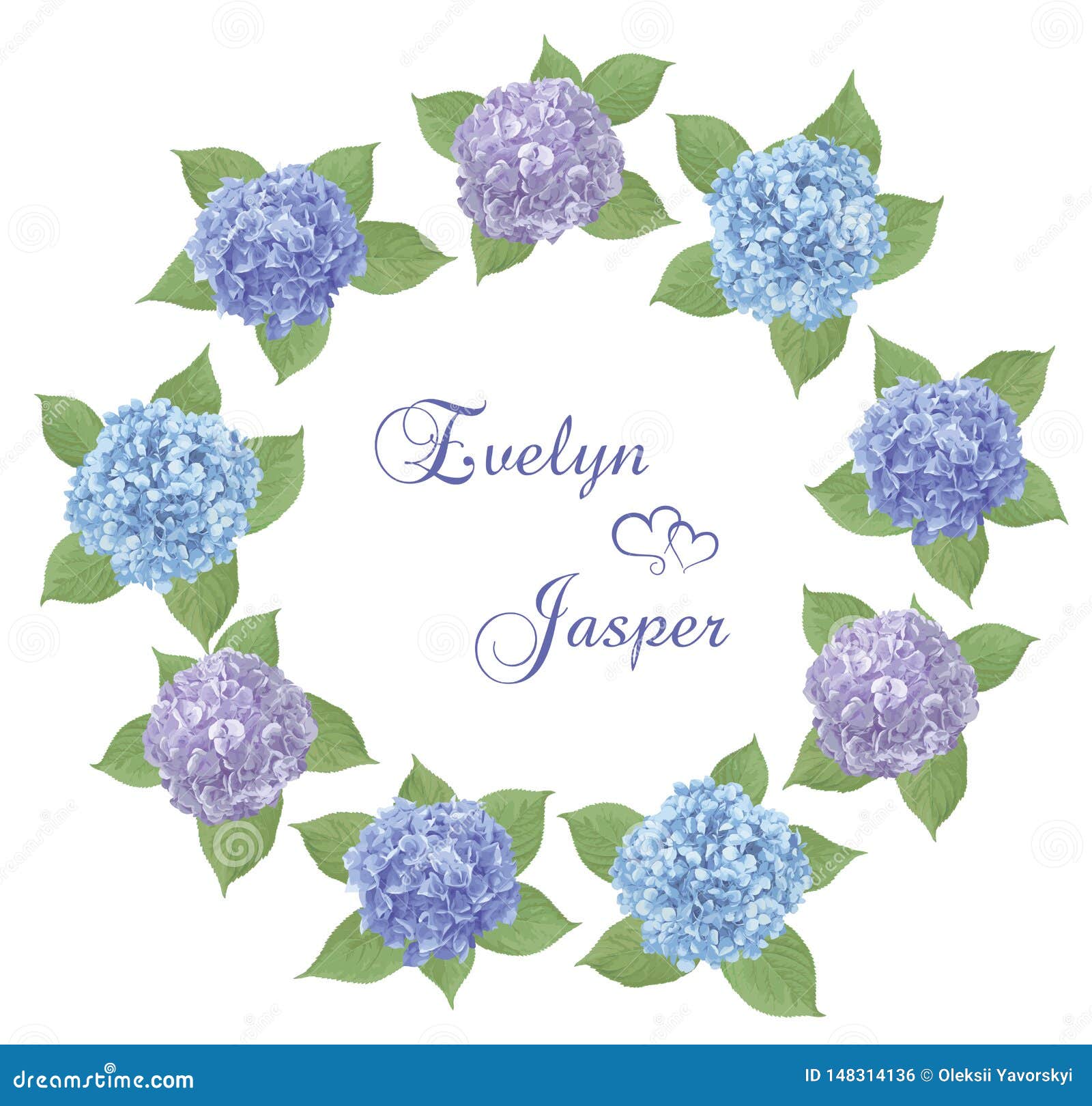  wreath frame for wedding invitations.watercolor blue, purple, sapphirine flower, leaves of hydrangea, mophead, lacecap,