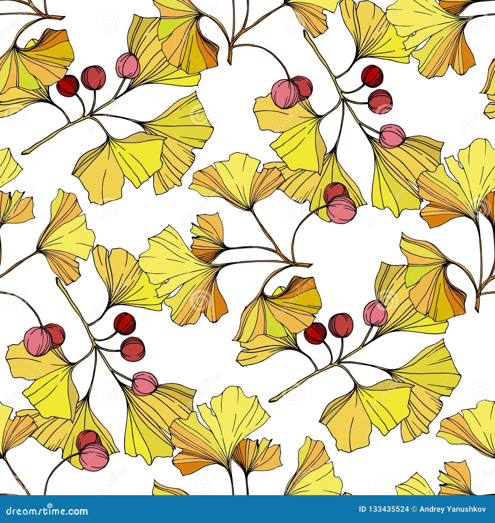 Vector. Yellow Ginkgo Leaf. Seamless Background Pattern. Fabric