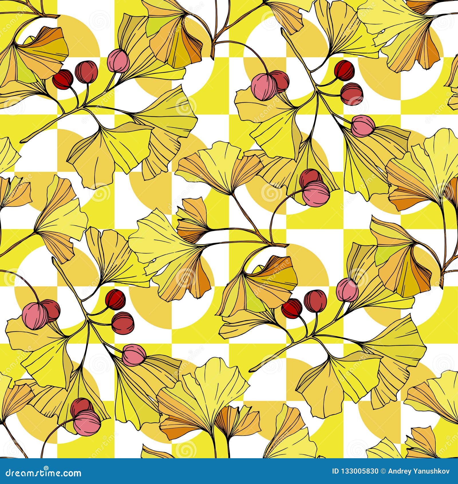 Vector. Yellow Ginkgo Leaf. Seamless Background Pattern. Fabric