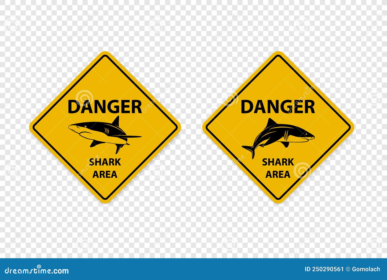 Vector Yellow Shark Sighting Sign Set Isolated. Shark Attack Warning