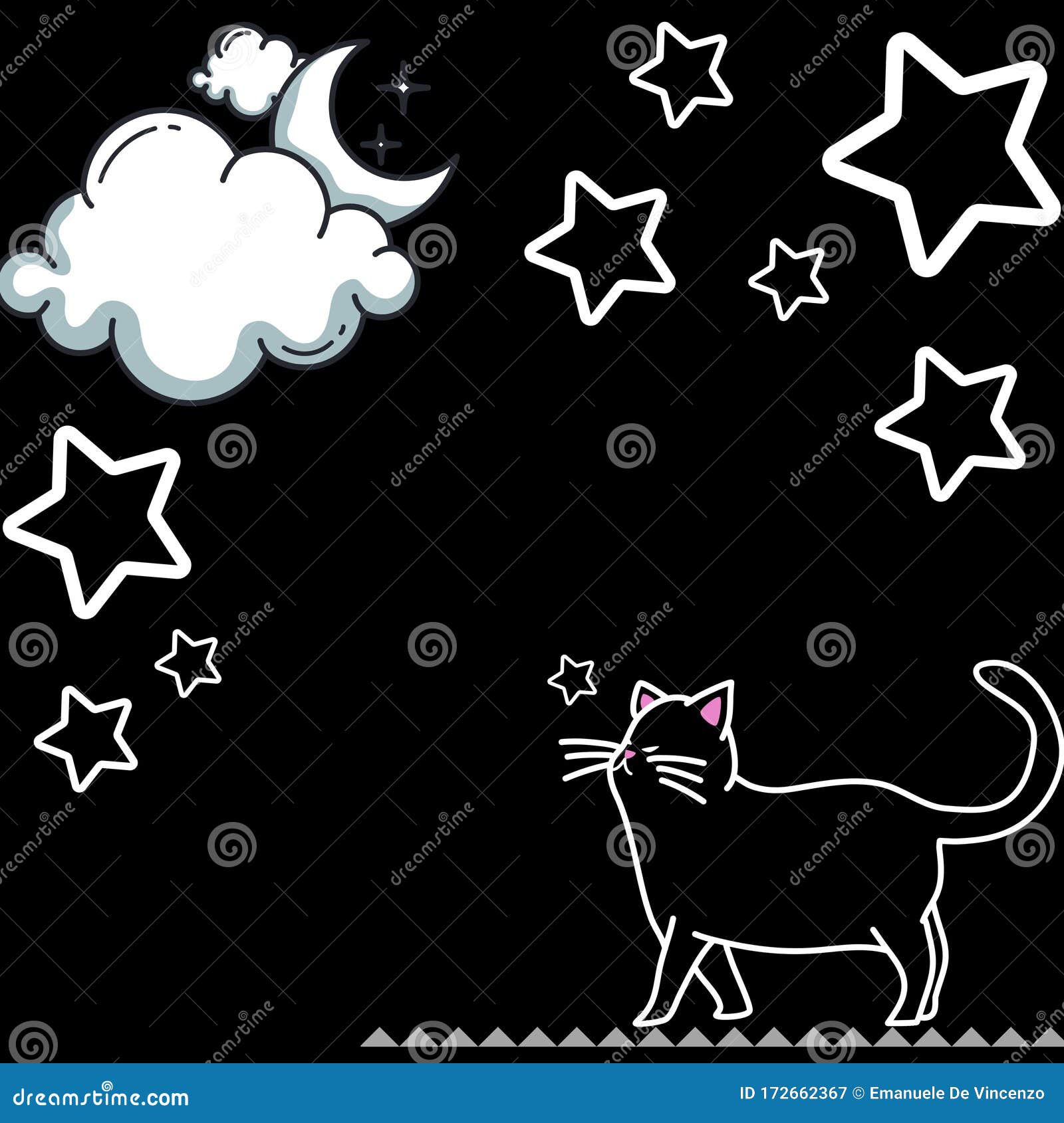 Vectorial Illustration of a Cat Walking Under the Stars on Black ...