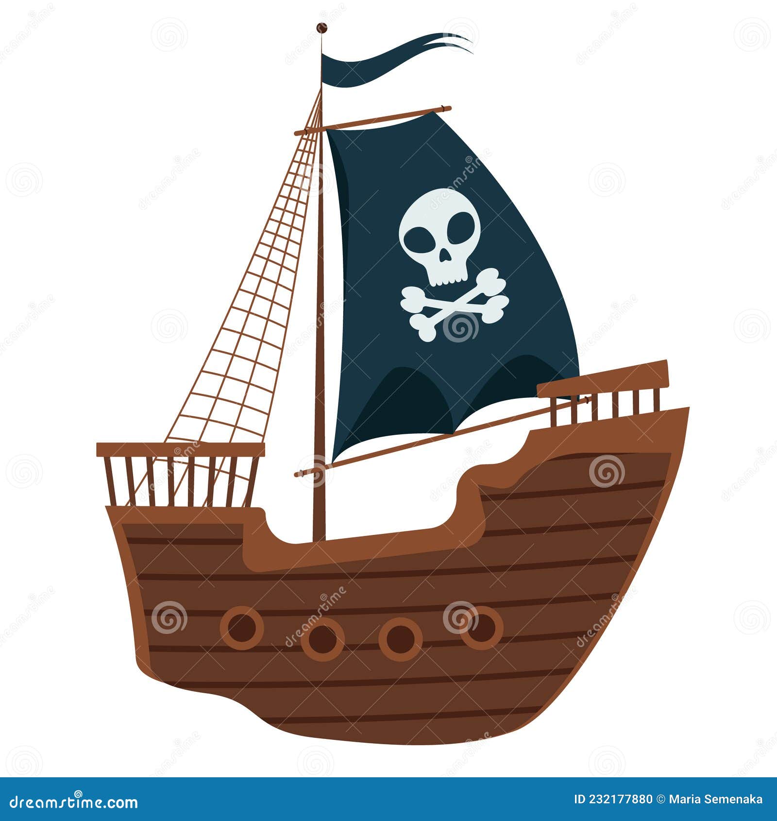 bateau pirate avec voiles noires, godille et os croisés et drapeau