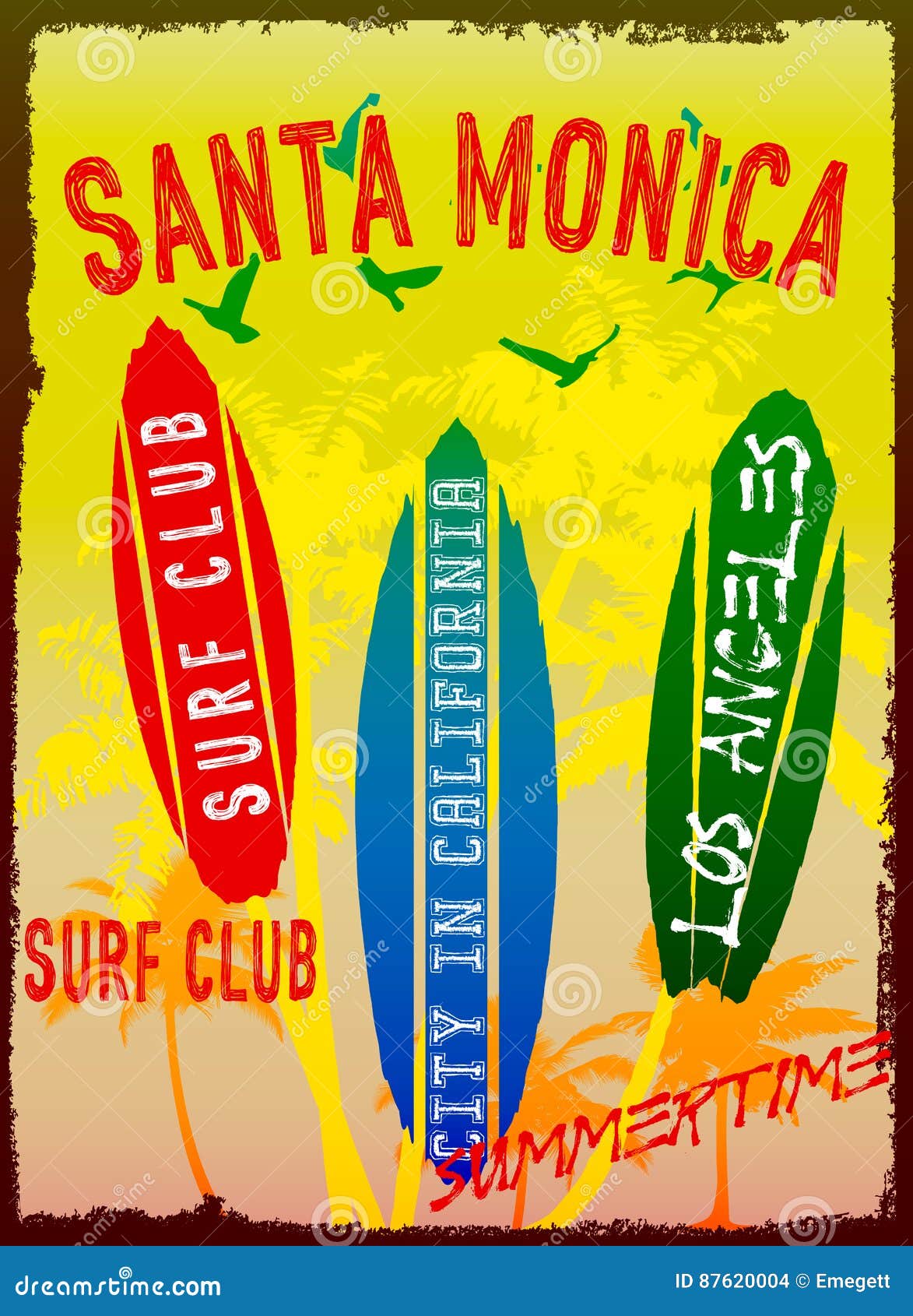 Vectorillustratie op het thema van branding en brandingsclub Santa Monica. Vectorillustratie op het thema van branding en van de brandingsclub de achtergrond van Santa Monica Los Angeles Grunge Uitstekend ontwerp Typografie, t-shirtgrafiek, druk, affiche, banner, vlieger, de stijl van de prentbriefkaarmanier