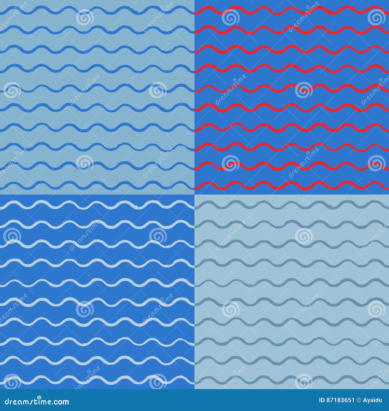 Vectorkunstinzameling van eenvoudige naadloze achtergronden met hand-drawn golven op een blauwe achtergrond Voor de kaarten van de ontwerpgroet, textiel, ornamenten in een zeevaartthema