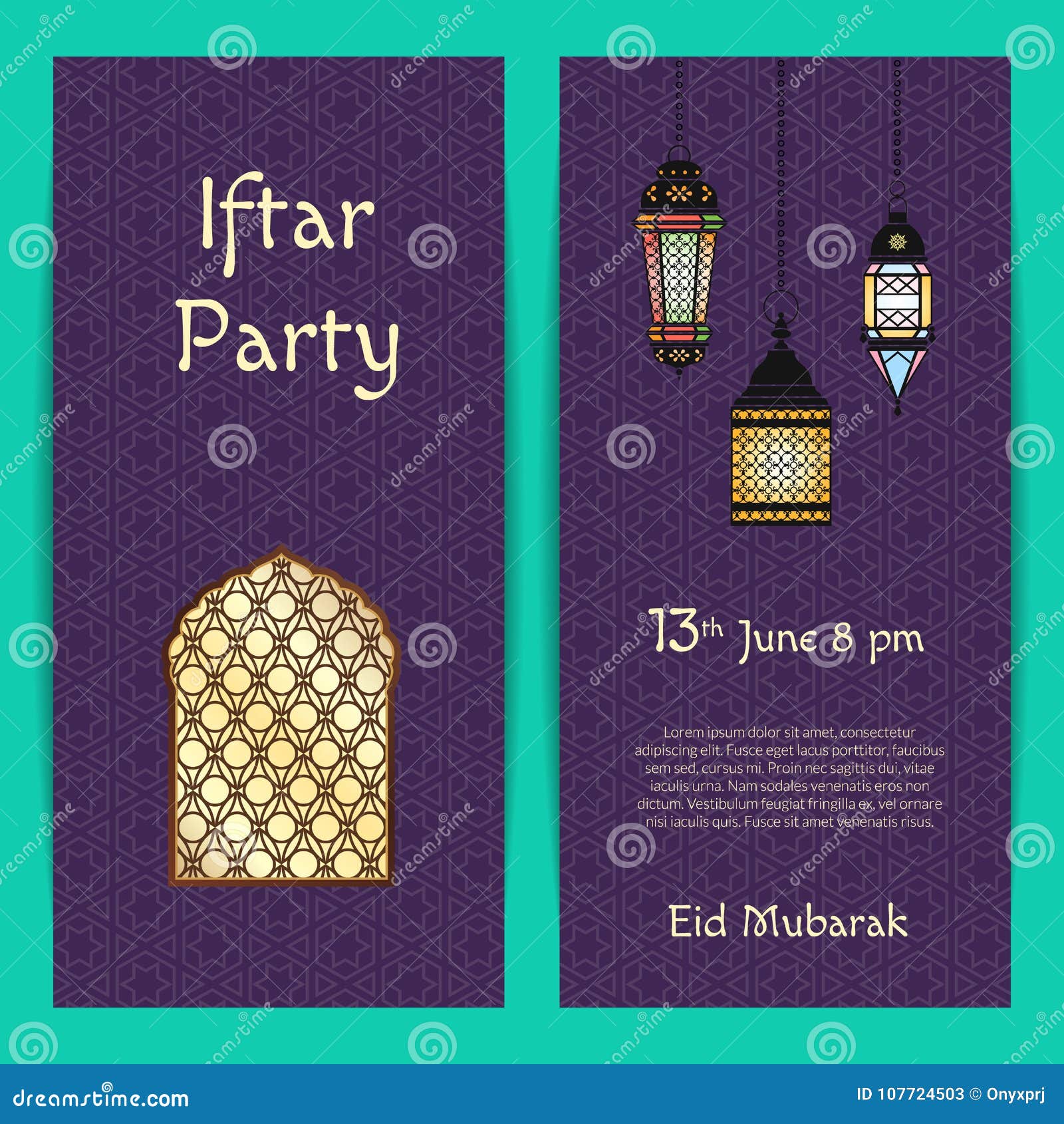 Vectorramadan iftar-de kaartmalplaatje van de partijuitnodiging met lantaarns en venster met Arabische patronen en plaats voor tekstillustratie Arabische uitnodiging voor ramadan Mubarak