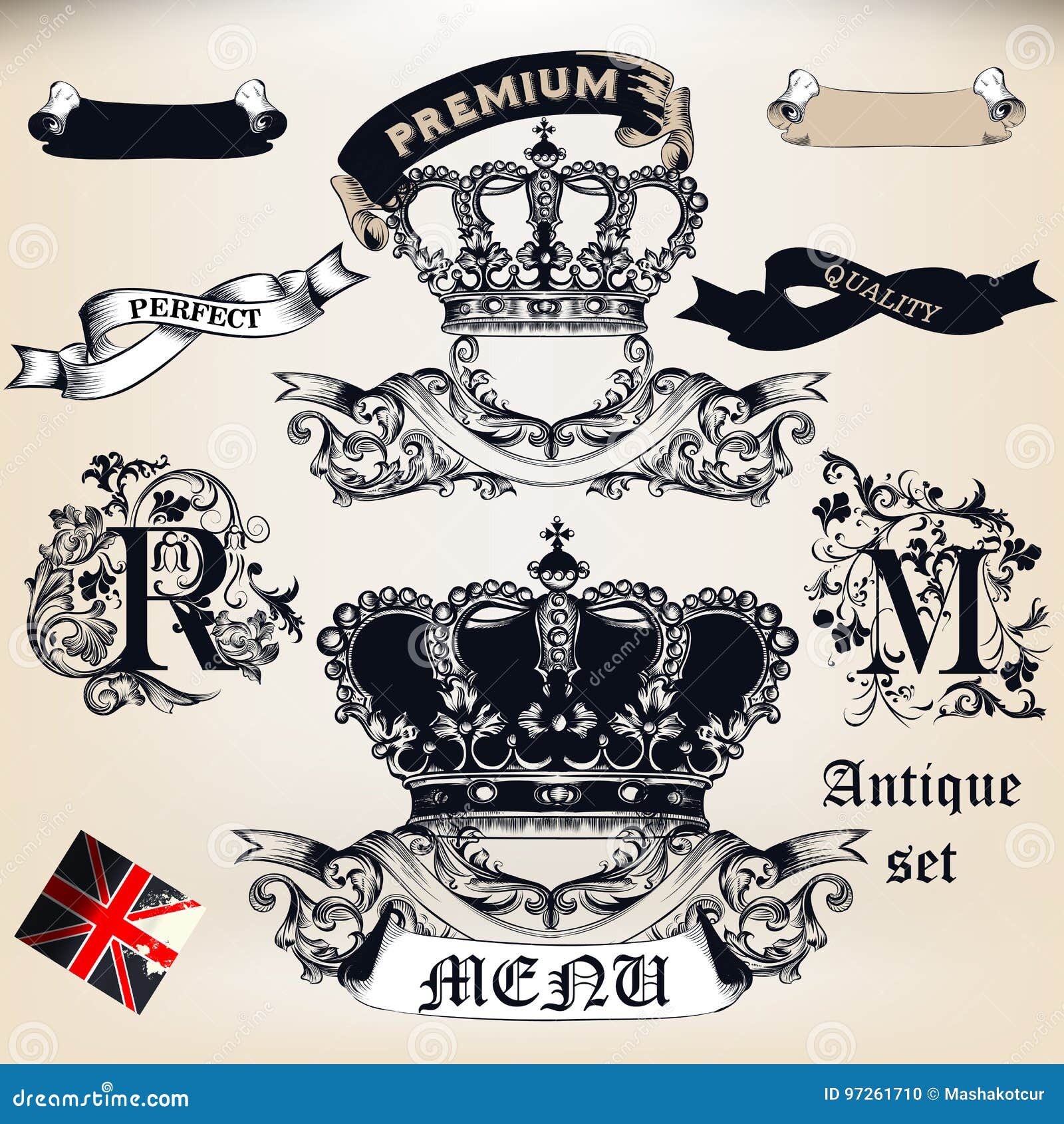 Vectorreeks kronen, banners en kentekens in uitstekende antieke styl