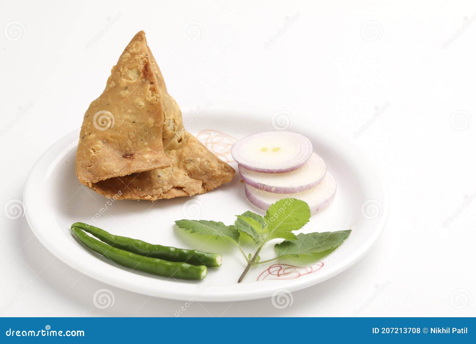 Veg Samosa Served with Green Chilly Chutney Onion on White Background