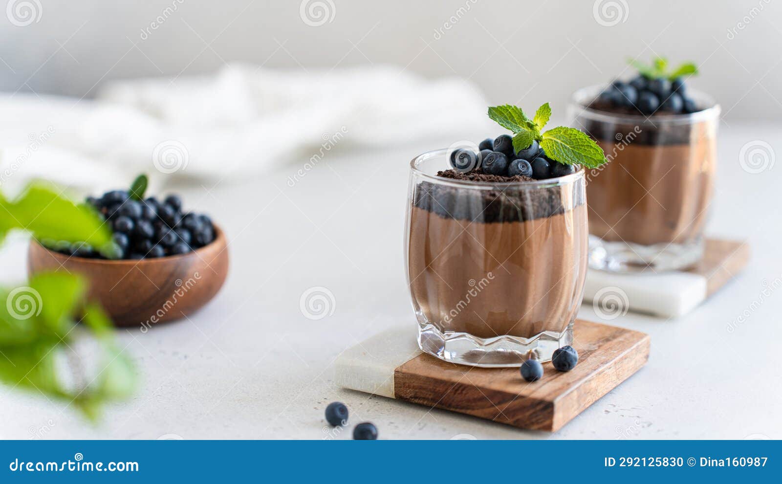 Vegan Chocolate Mousse in Glasses Decorated with Fresh Blueberry