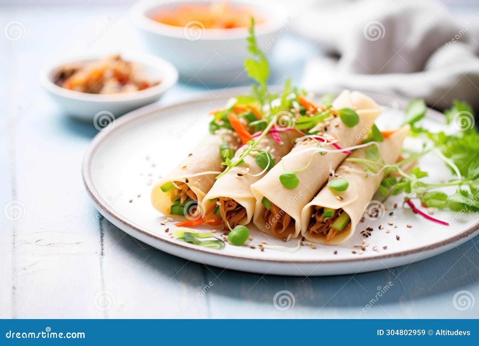 Vegan Flautas with Jackfruit Filling on a Modern Plate Stock Image