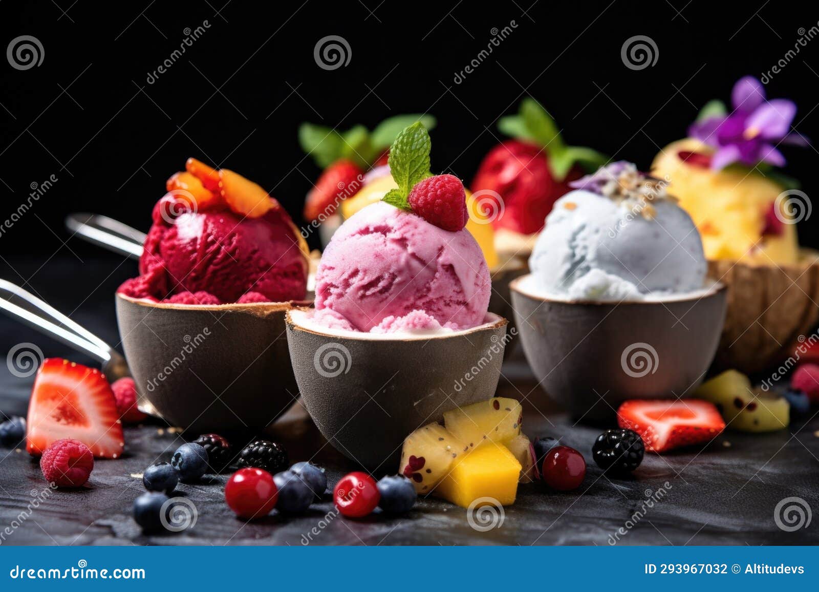Vegan Ice Cream Scoops with Fruit Garnishes Stock Illustration