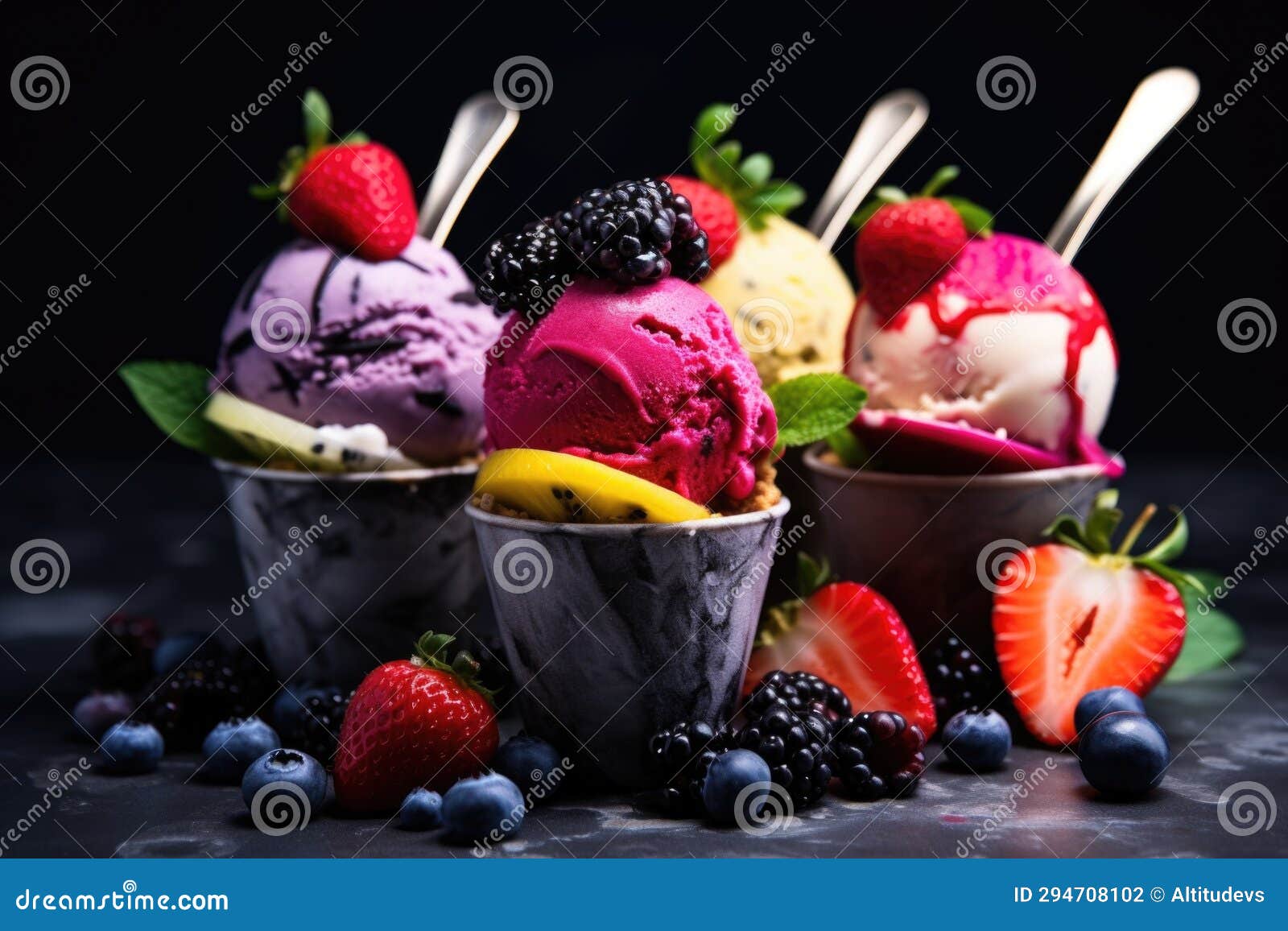 Vegan Ice Cream Scoops with Fruit Garnishes Stock Photo Image of