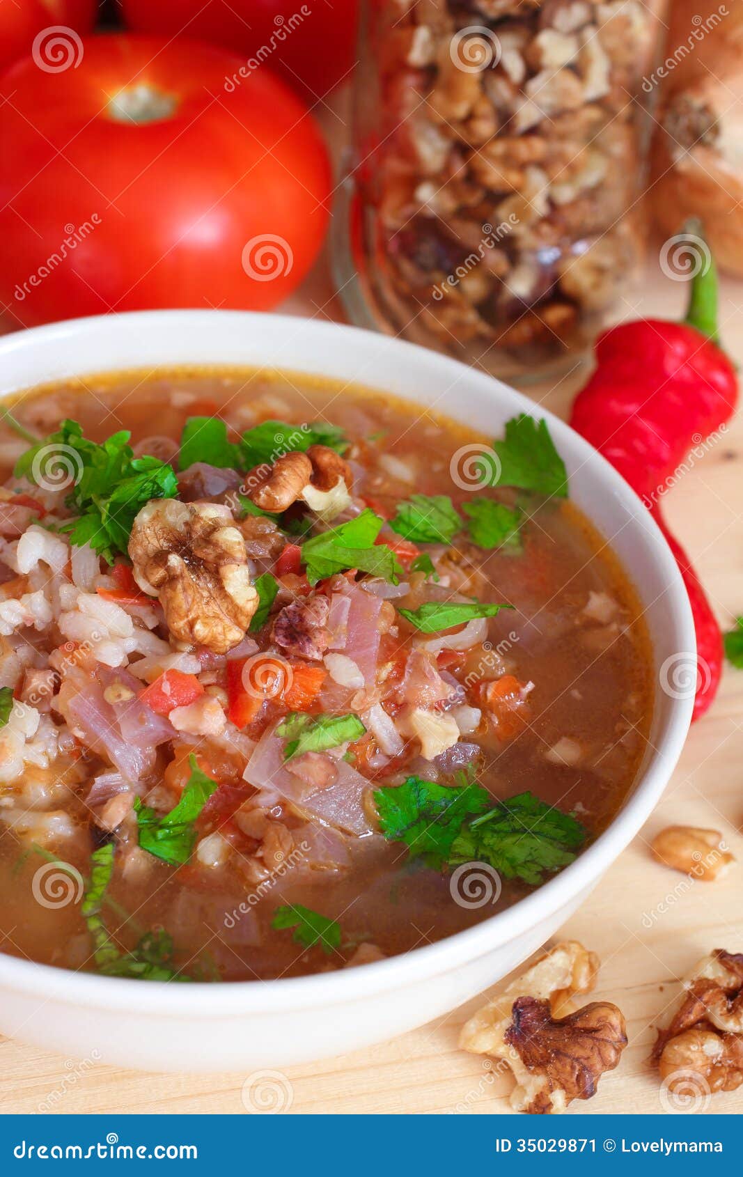 Vegan Kharcho Soup with Rice and Walnuts Stock Image Image of tomato