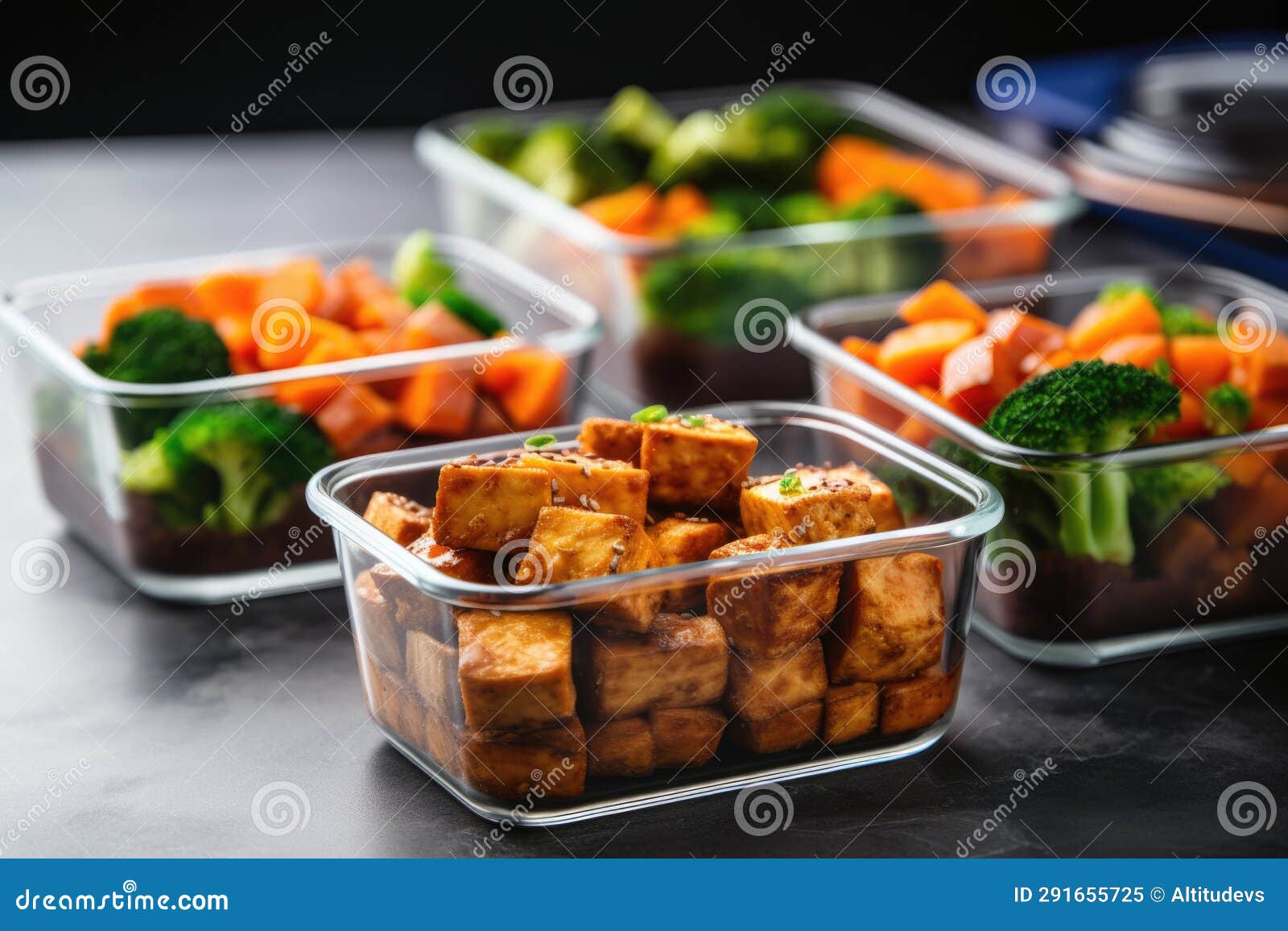 Vegan Meal Prep Containers with Tofu and Veggies Stock Image - Image of