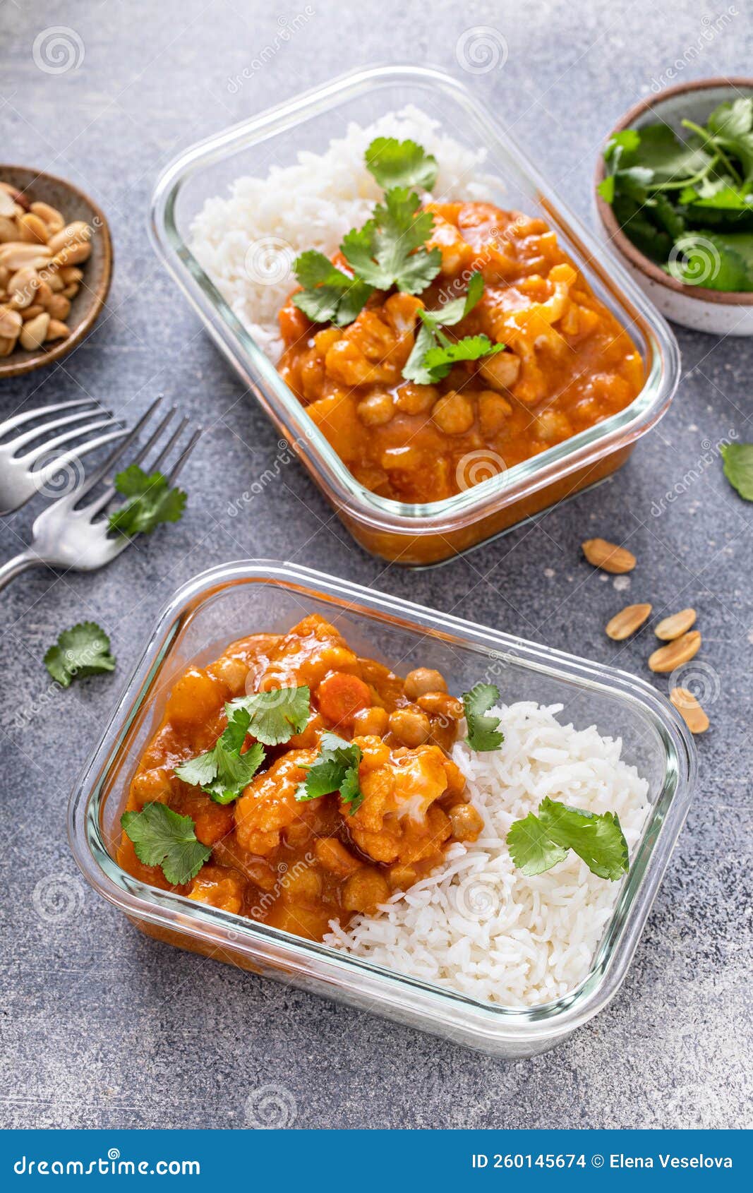 Vegan Meal Prep Idea Vegetable and Chickpeas Curry with Rice Stock