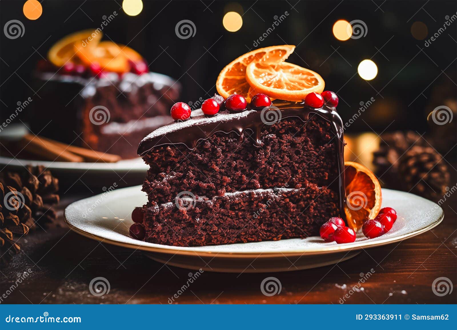 vegan mulled wine chocolate cake decorated on wooden table, christmas dessert background, generative ai