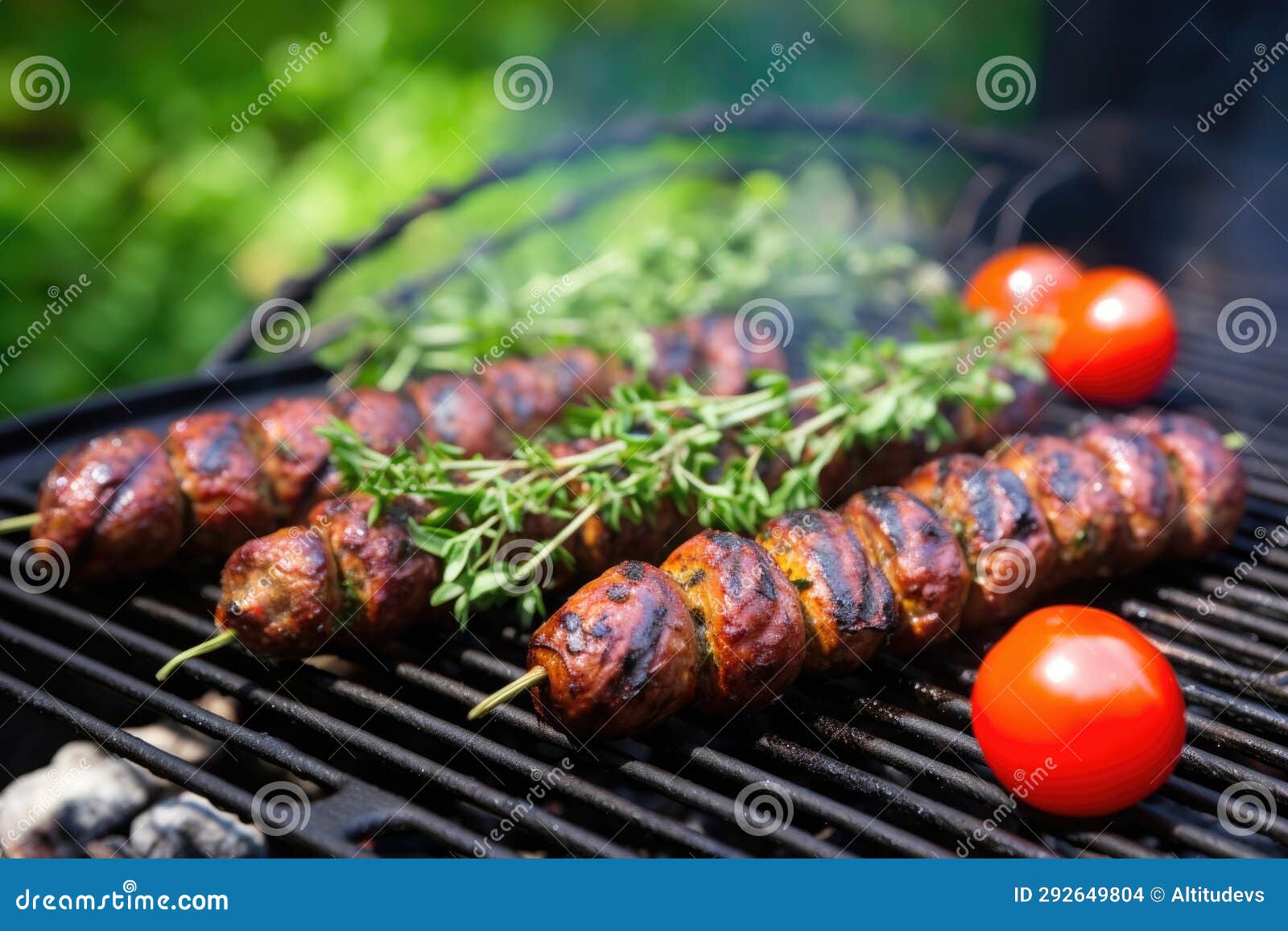 Vegan Sausages on a Bbq with Cherry Tomatoes Stock Photo Image of