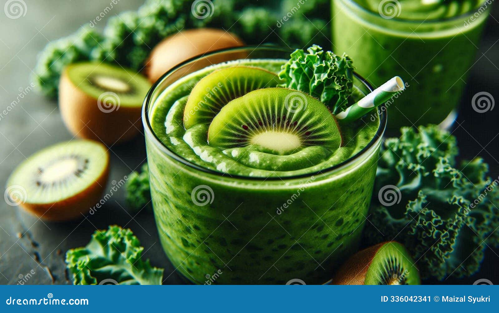 vegan smoothie close-up of green smoothie with kale and kiwi