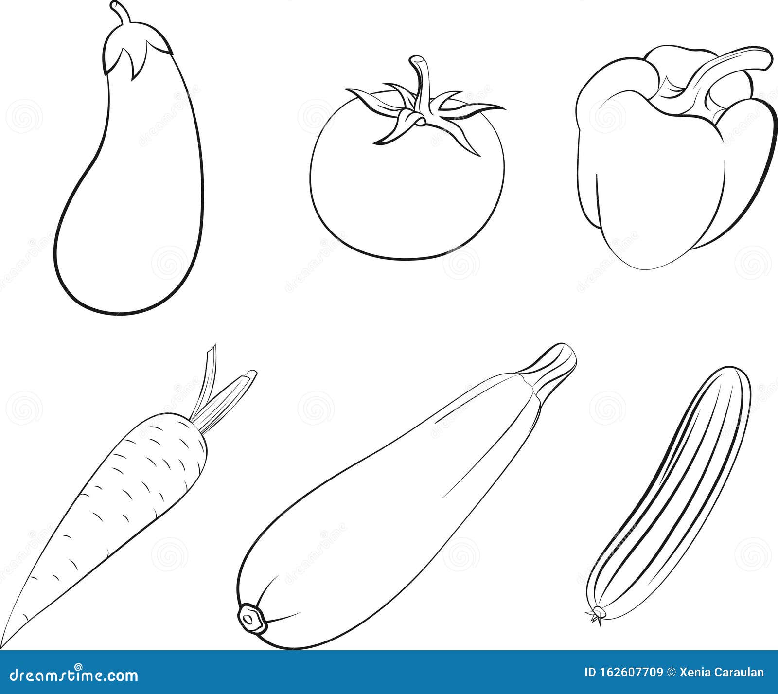 Coloring Page And Illustration Of Vegetables Set Of Vegetables Eggplant Tomato Pepper Carrot Squash And Cucumber In Vector Stock Vector Illustration Of Colorful Collection 162607709