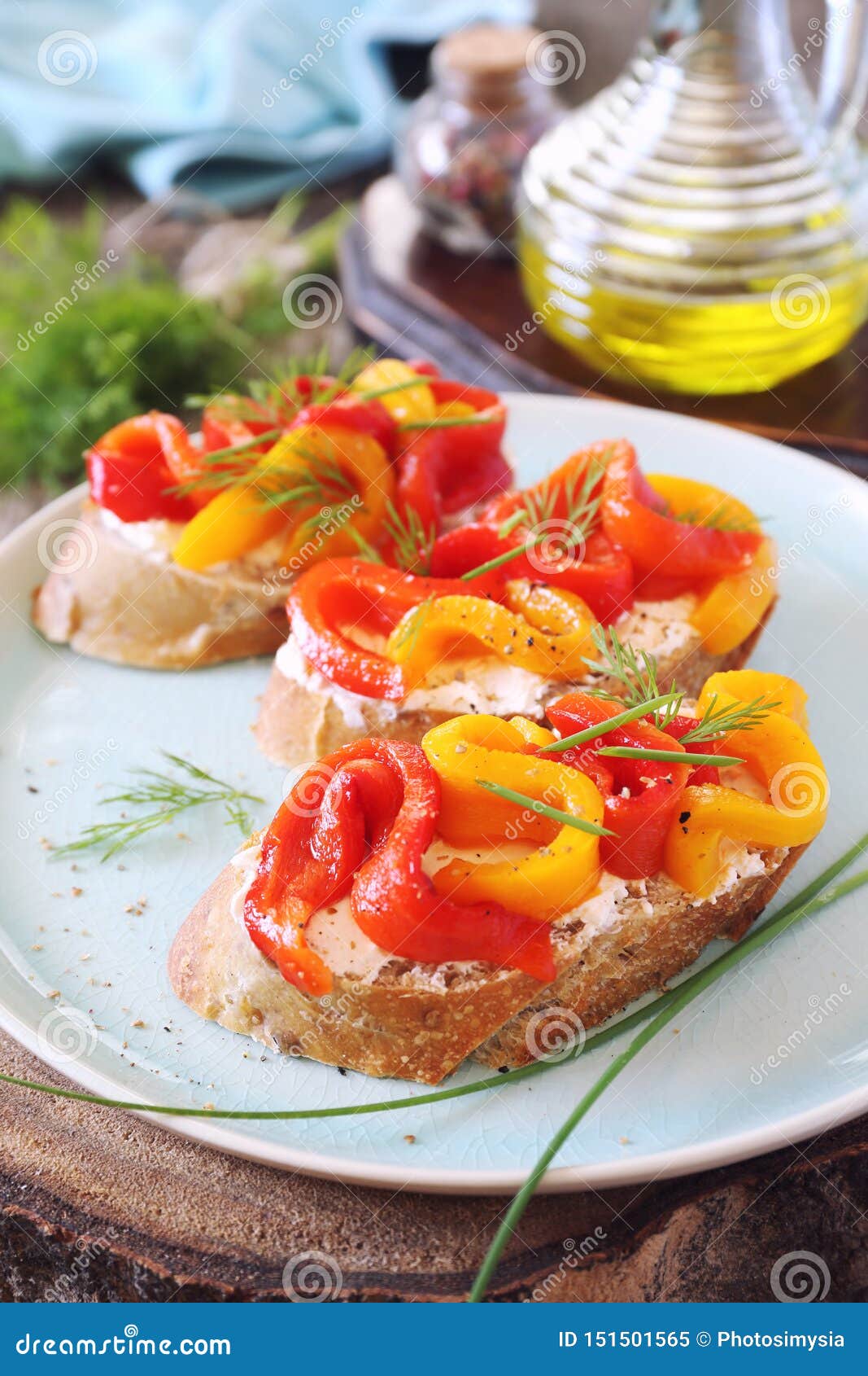 Vegetable Appetizer. Slice of Bread, Cream Cheese and Grilled Bell